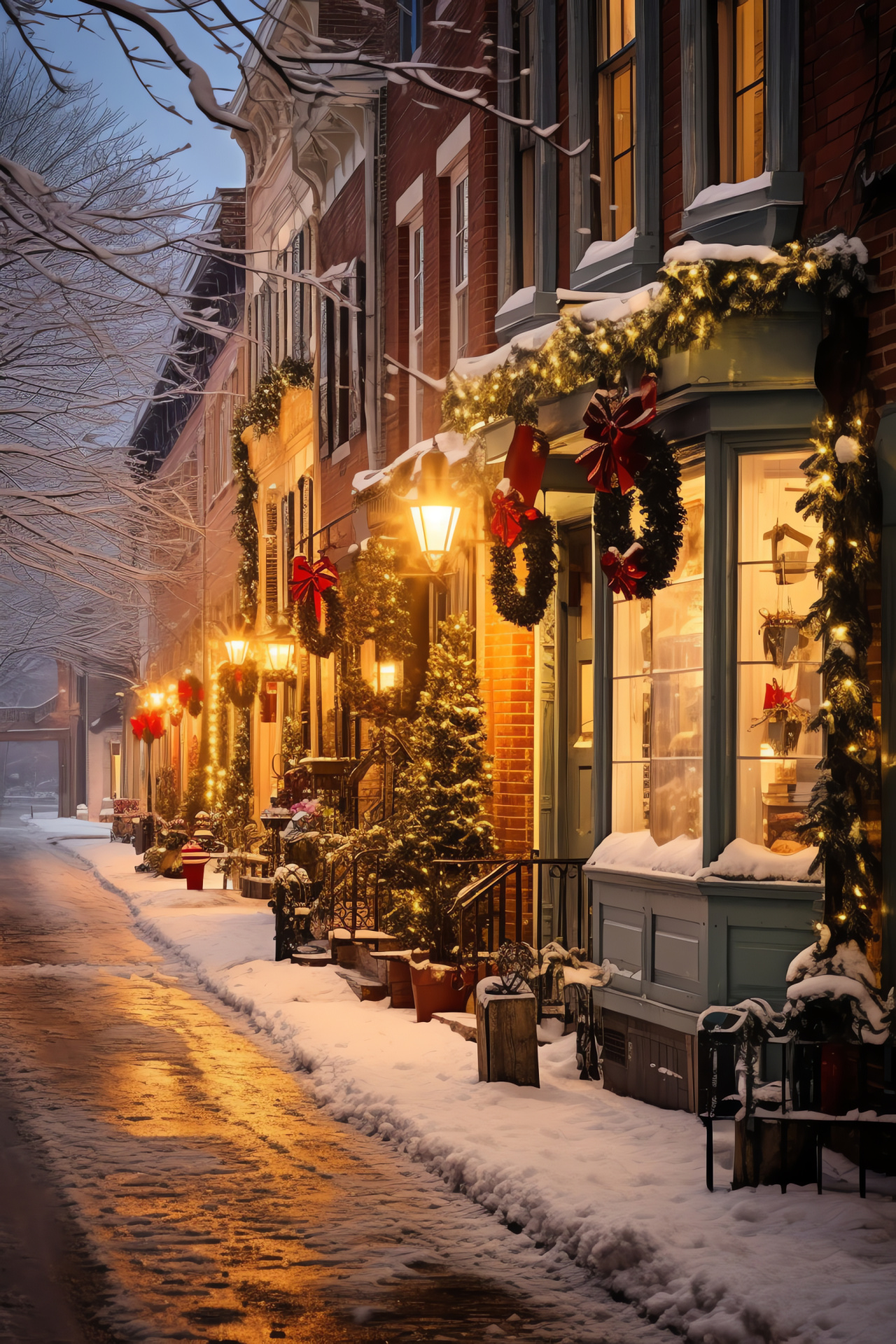 Snowy Christmas, urban thoroughfare, adorned boutiques, street merchants, Yuletide sweets, HD Phone Image