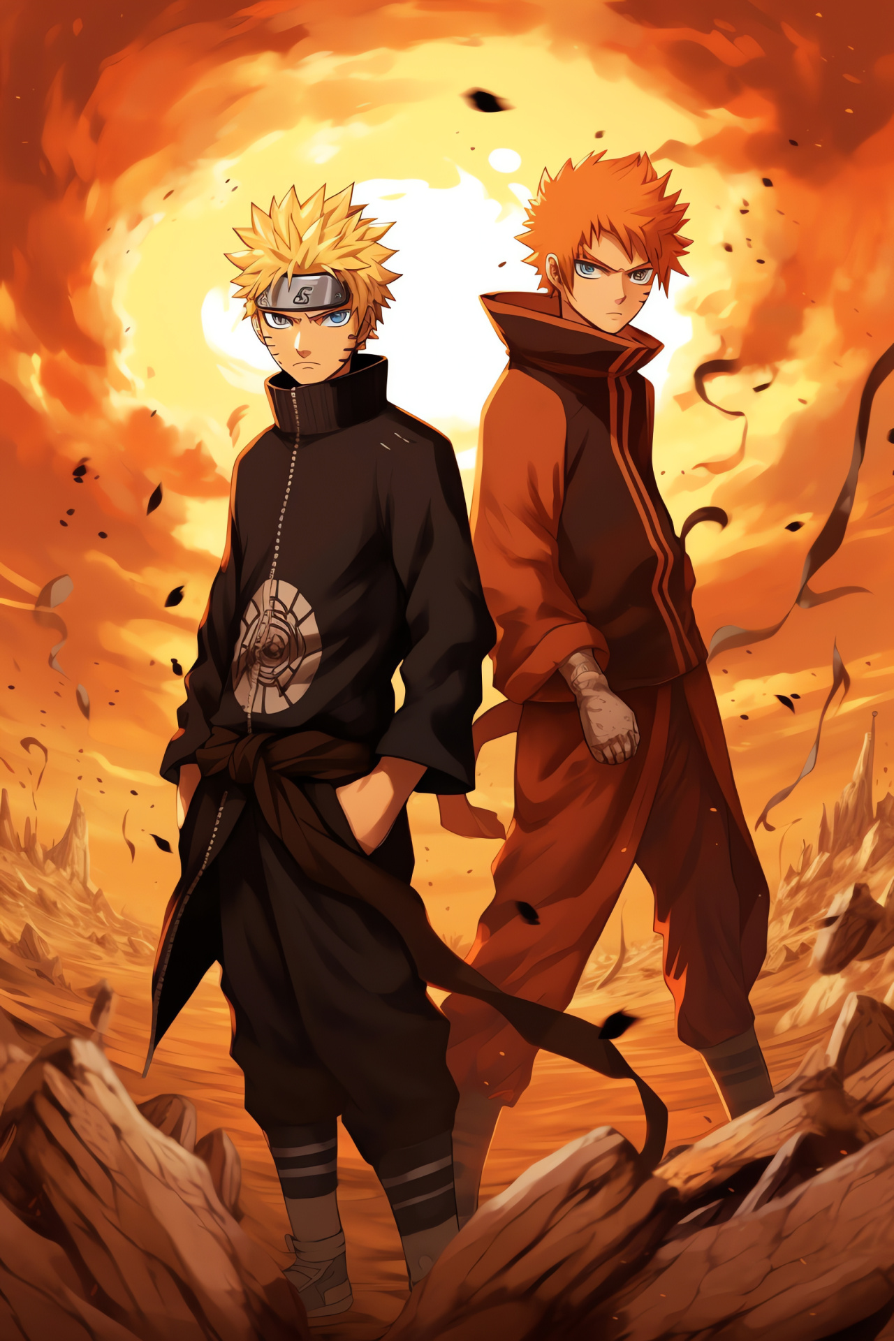 Desert duel with Naruto and Gaara, Arid landscape anime, Intense shinobi standoff, Whirlwind sand art, Spiky blond hair protagonist, HD Phone Wallpaper