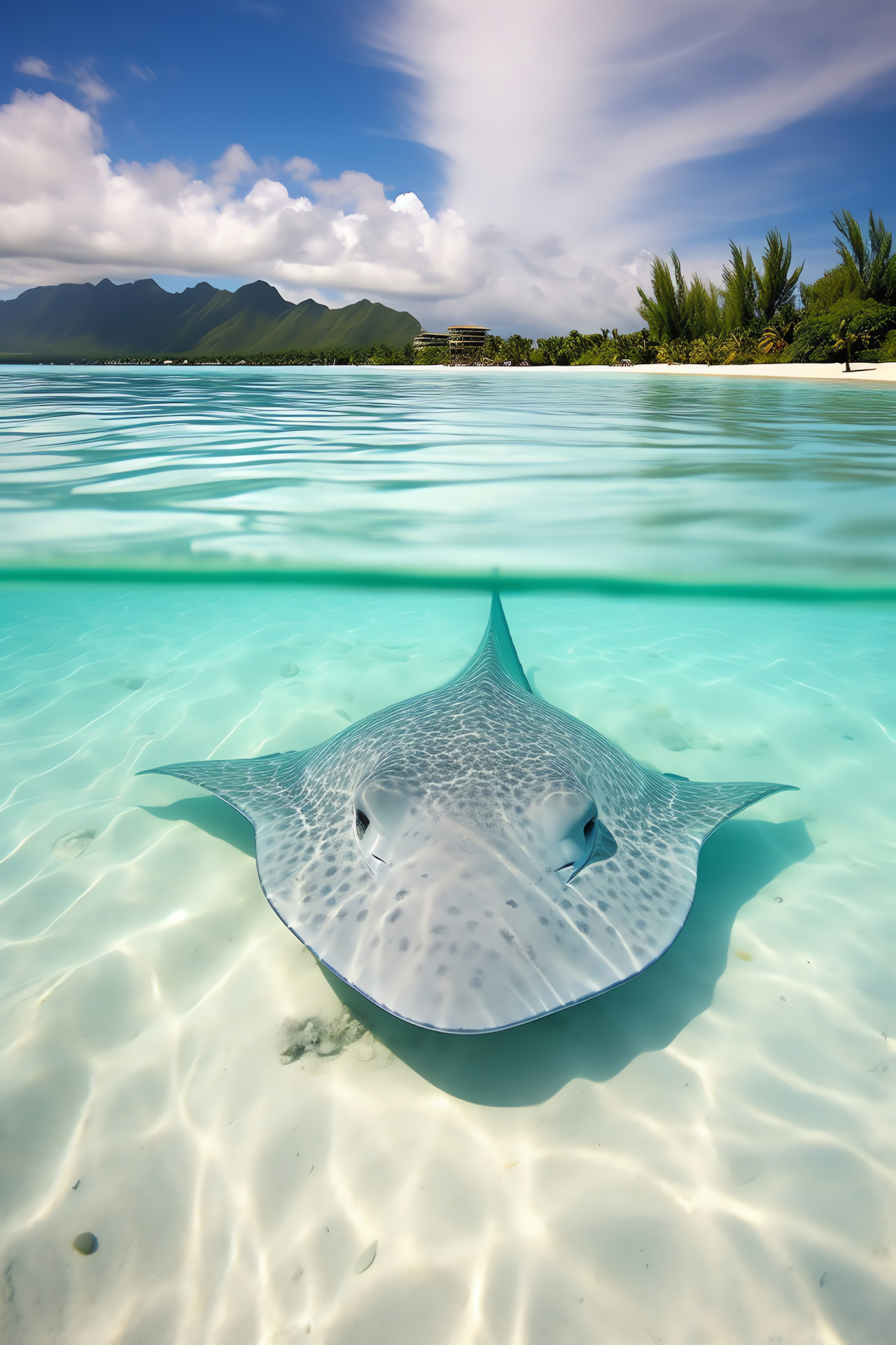 Stingray silhouette, Bora Bora marine life, Sunlit turquoise depths, Sandy seabed, Slender aquatic tail, HD Phone Image
