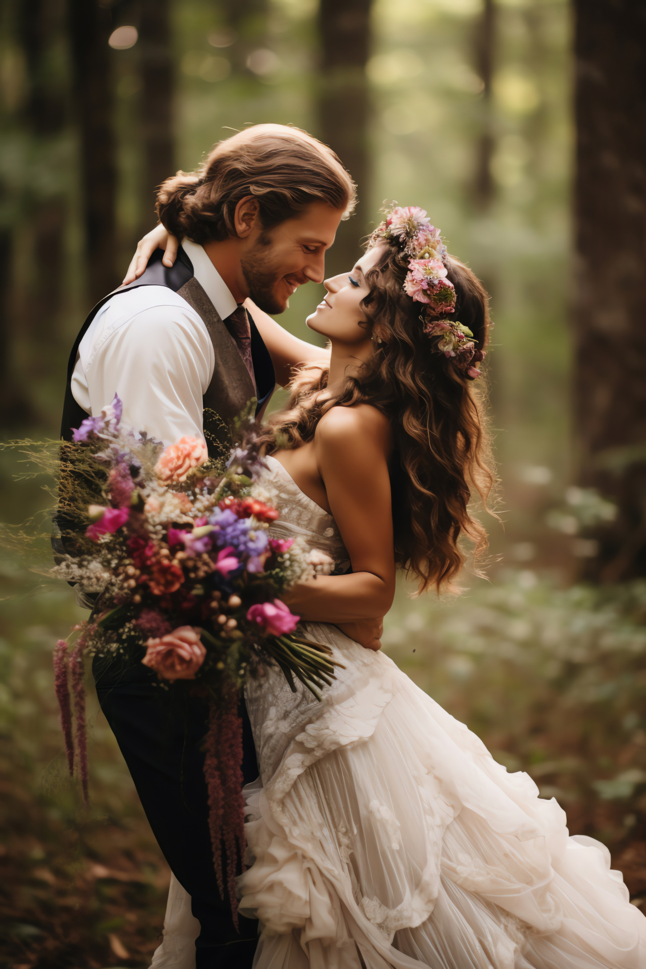 Woodland betrothal flowers, mystical forest celebration, ethereal wedding setting, nature-inspired nuptials, enchanting couple's retreat, HD Phone Image