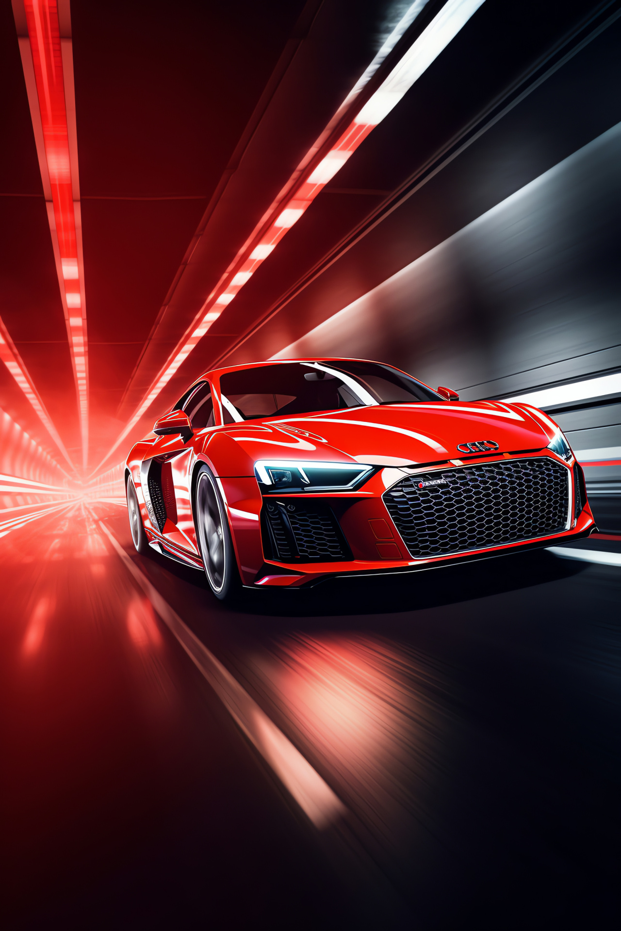 Red Audi R8 V10, Lateral automotive photo, Backdrop of luminosity, Futuristic car presentation, Premium sportscar, HD Phone Image