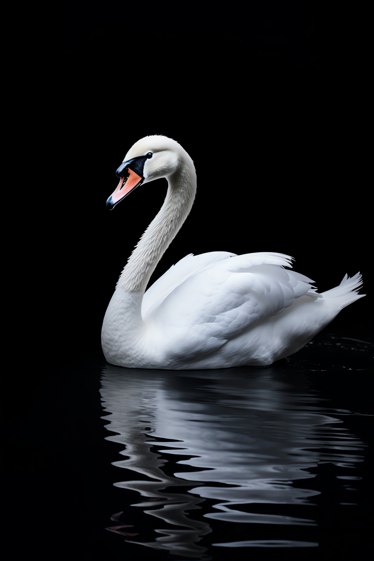 Serene swan, gentle waters, muted plume, avian poise, stark contrast backdrop, HD Phone Image