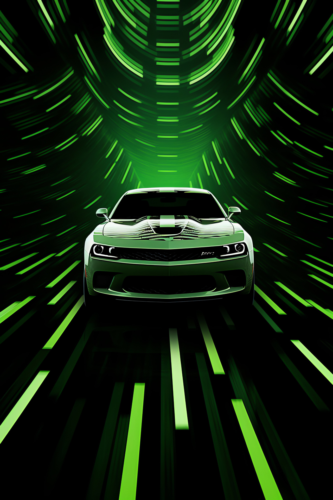 Dodge Challenger SRT Hellcat, Modern muscle car, Elevated viewpoint, Green-black contrast, Automotive muscle, HD Phone Image