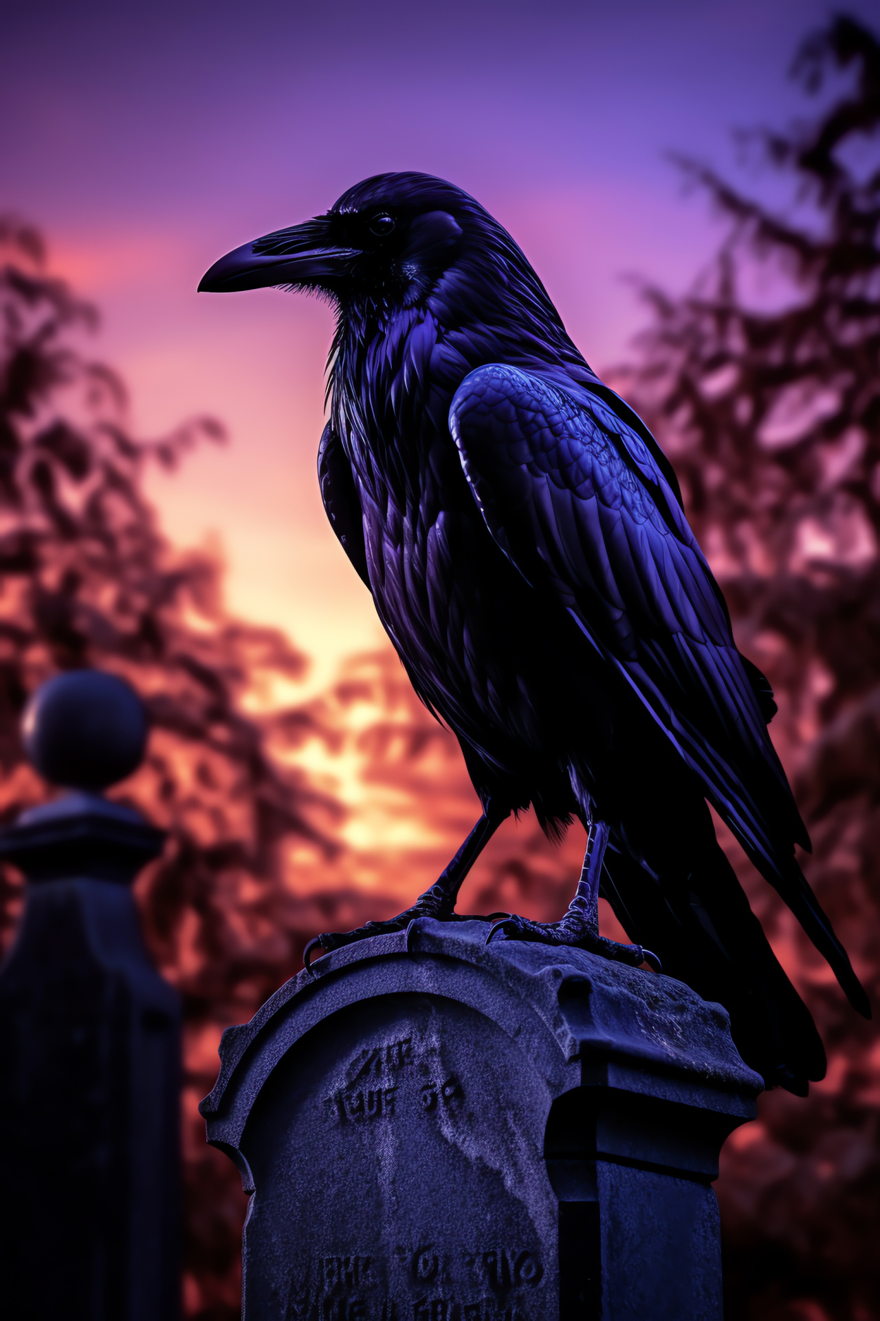 Raven in twilight, Dark-feathered bird, Jewel-like eyes, Eerie cemetery presence, Gothic monument, HD Phone Image