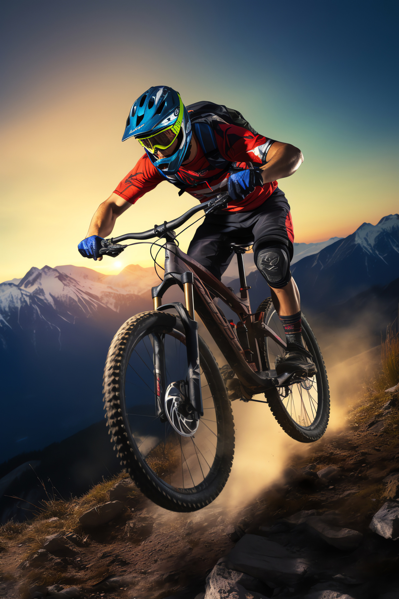 Professional MTB course, Cyclists dusk ride, Luminous sky backgrounds, Woods exploration, Vibrant environment, HD Phone Image