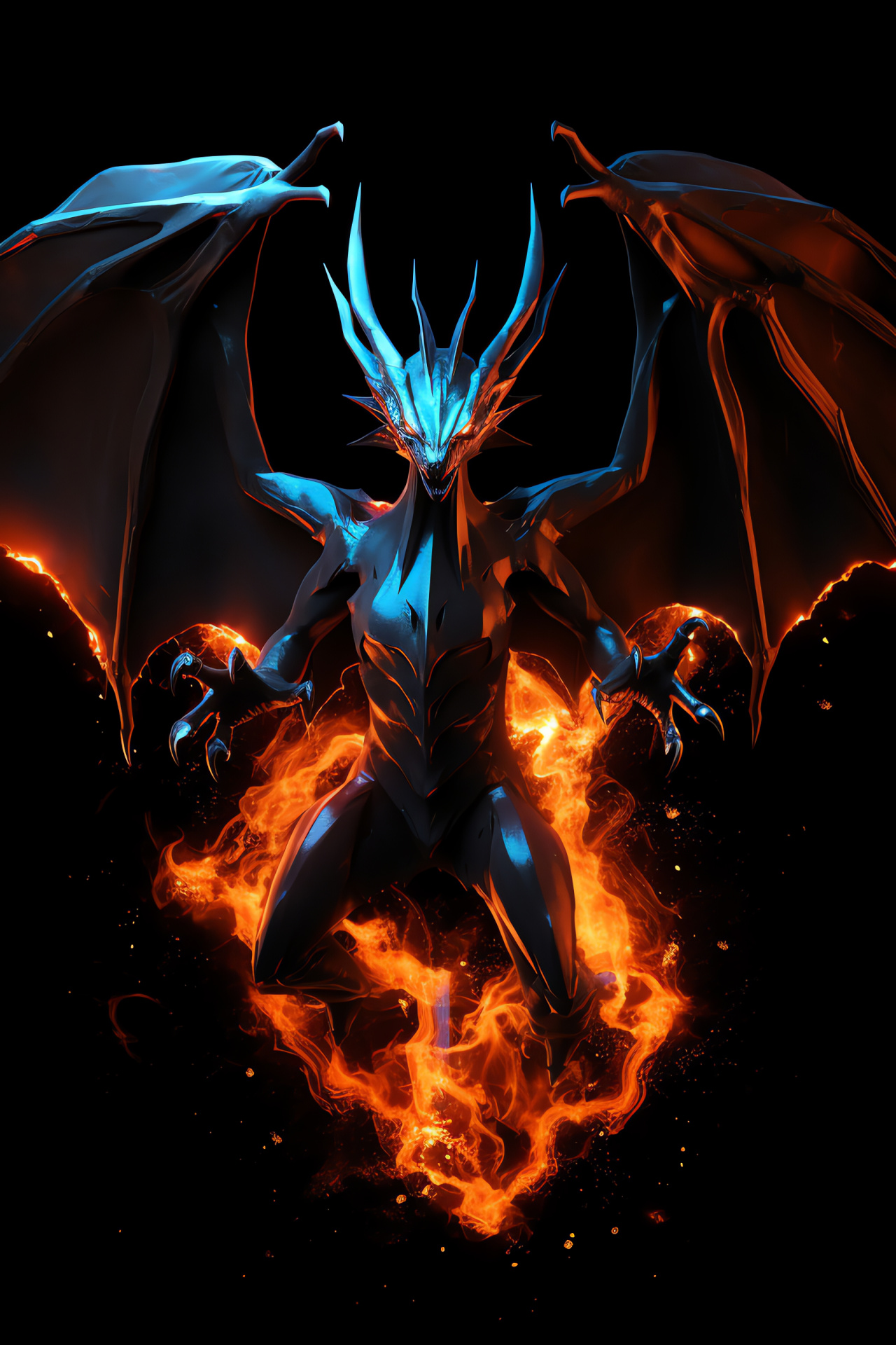 Gaming titan Mega Charizard, sable scales, viridian eyes, widespread wings, defiant pose, HD Phone Image