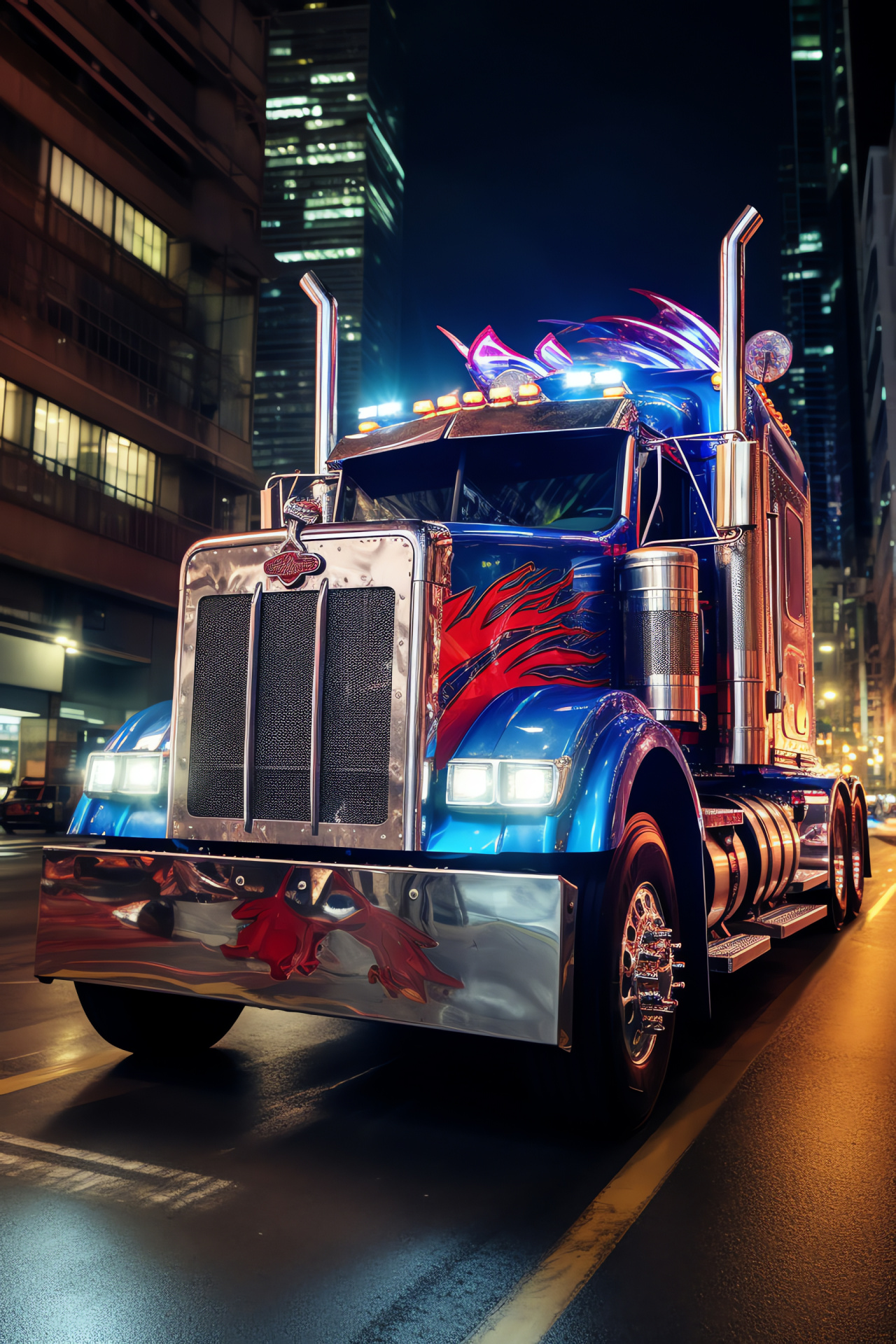 Optimus Prime vehicle, freight transport, metropolitan setting, high-rise buildings, urban skyline, HD Phone Image