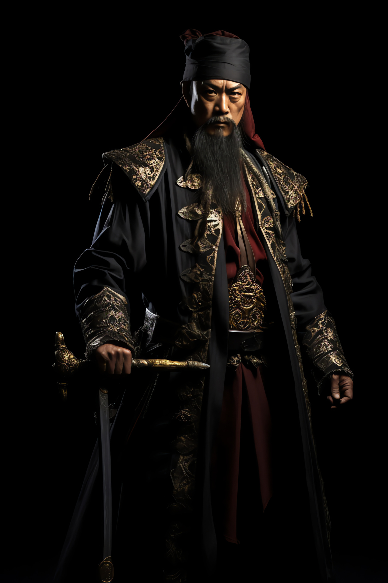 Captain Sao Feng portrait, Oriental pirate, Ruthless gaze, Ornate costume, Legendary accessory, HD Phone Image