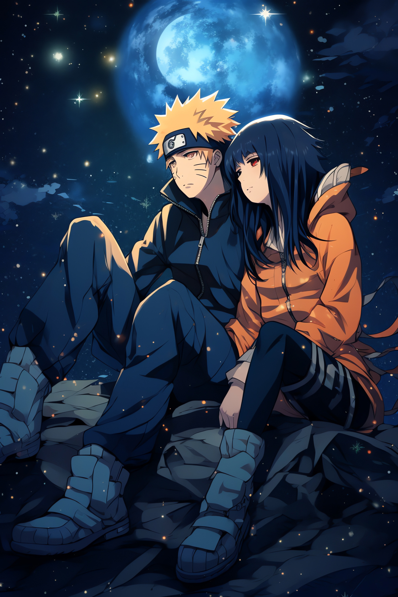 Naruto and Hinata, Nighttime scene, Anime stars depiction, Romantic animation, Manga couple, HD Phone Image