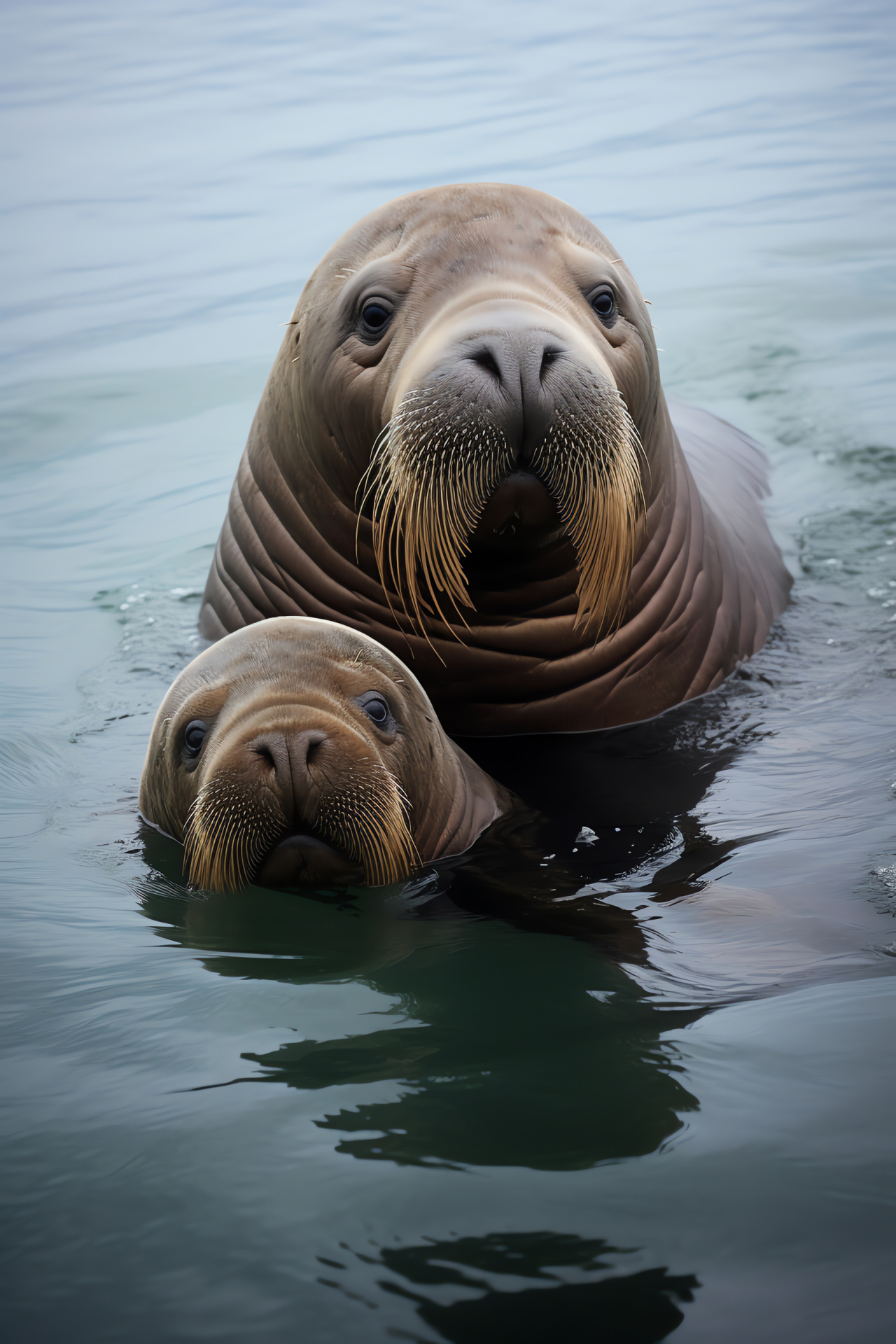 Mother walrus, calf at side, marine protection, light brown juvenile pelt, loving mammalian bond, HD Phone Wallpaper