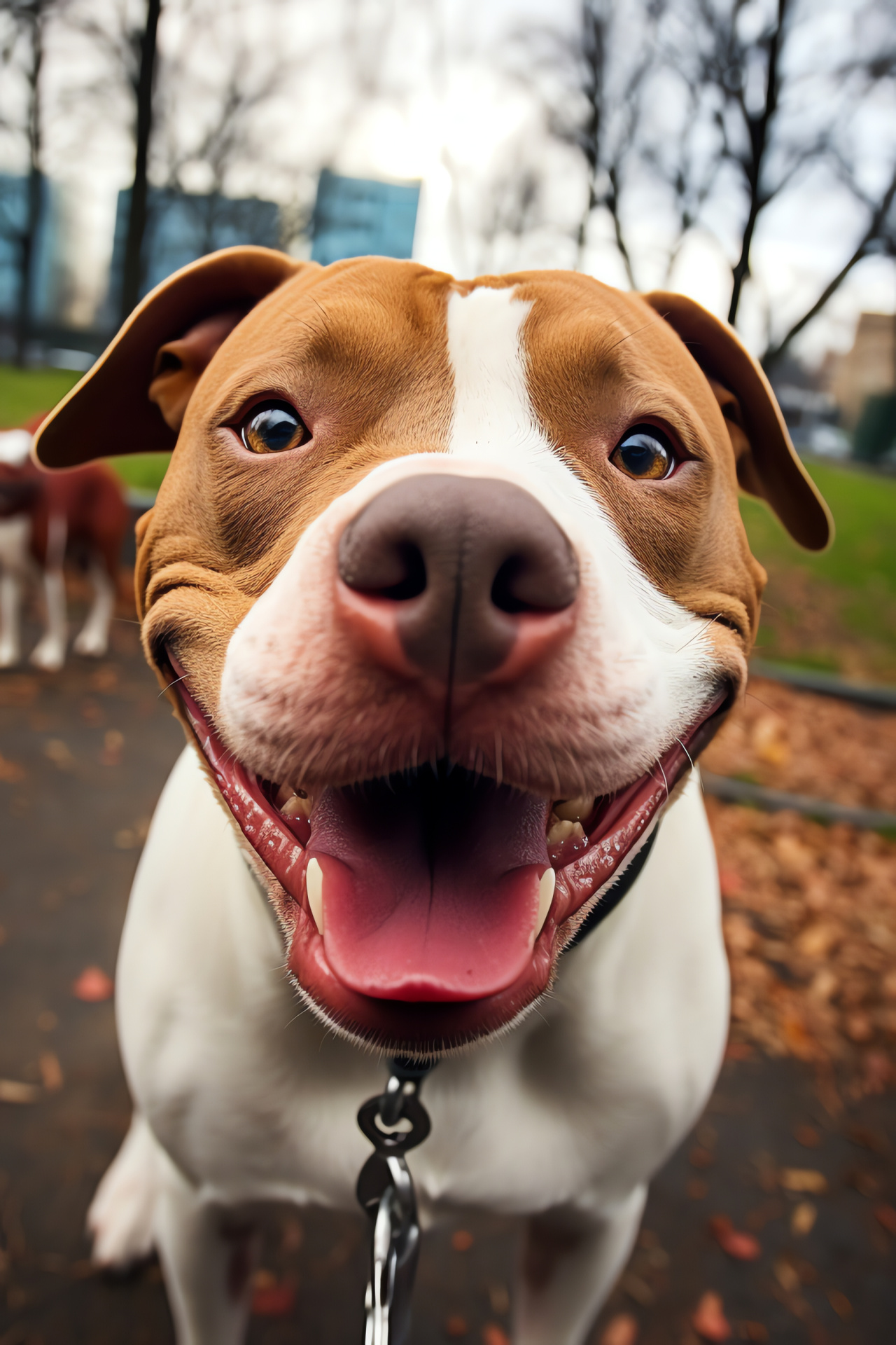 Red Nose Pitbull, dual-toned fur, cordial temperament, urban green space, mid-city day out, HD Phone Image