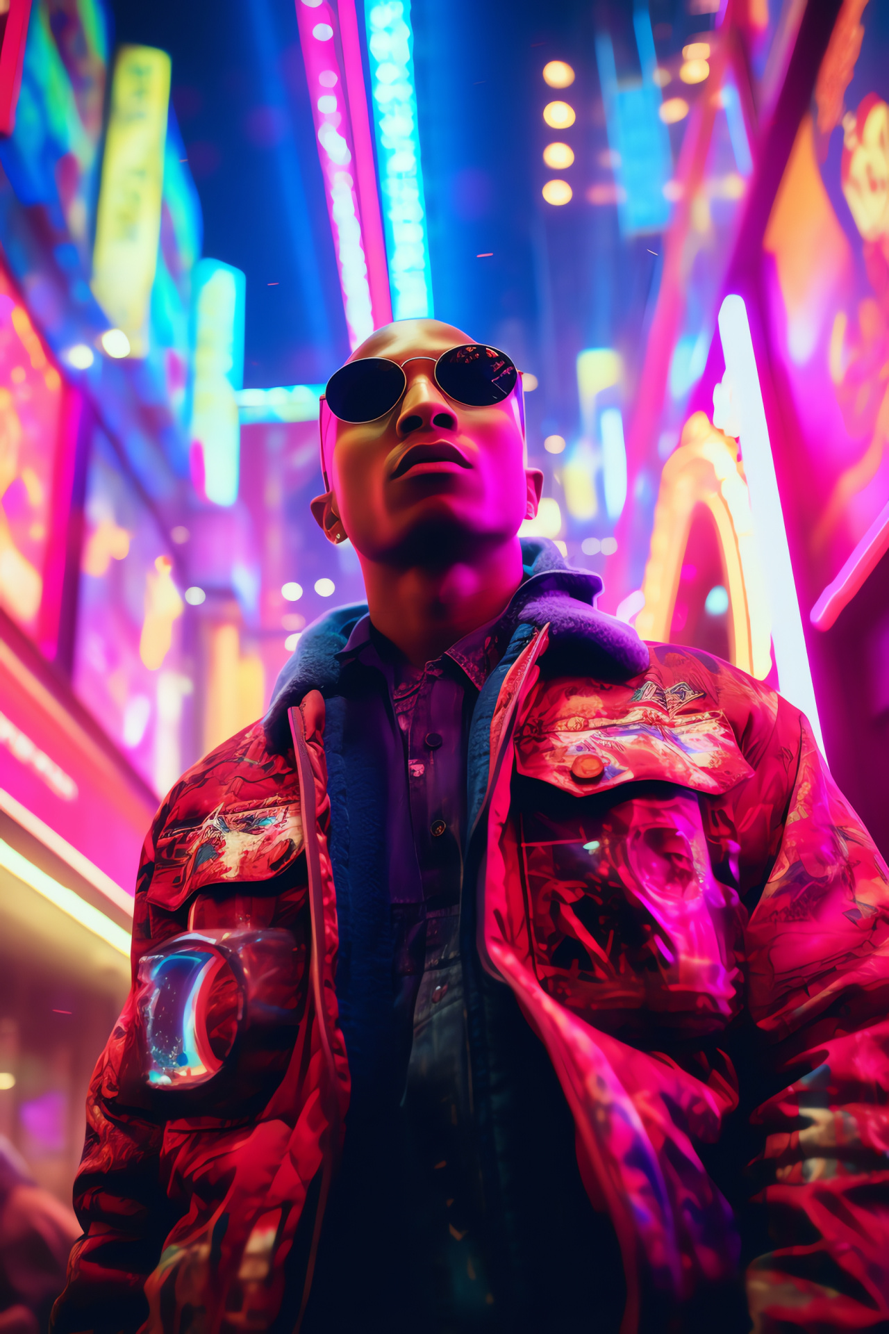 Pharrell's avant-garde look, Futuristic fashion, Sci-fi video scene, Urban neon glow, Music video ambiance, HD Phone Image