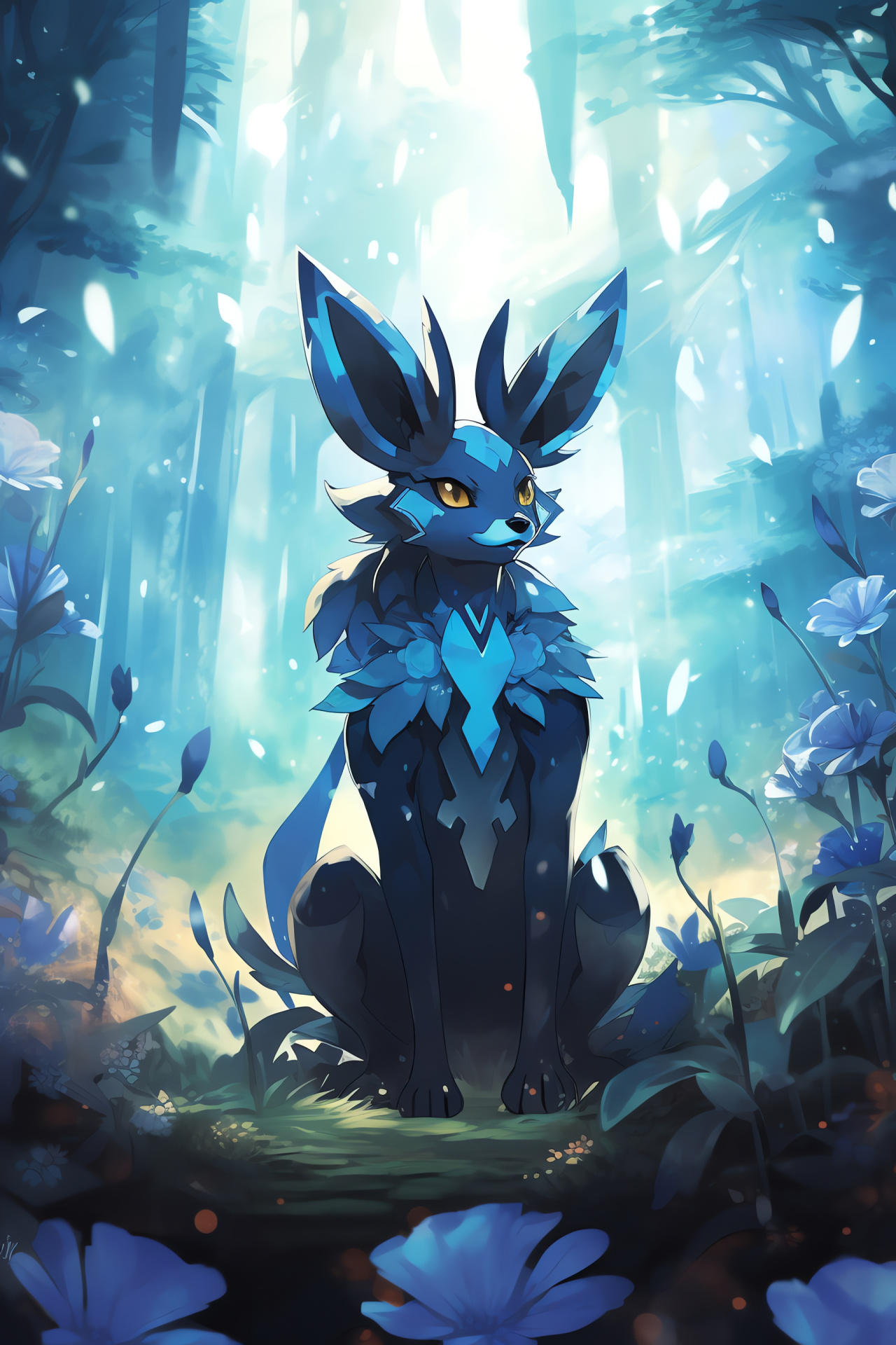 Tranquil Lucario in serene setting, Balance symbol, Floral surround, Serenity spot, Waterbody nearby, HD Phone Image