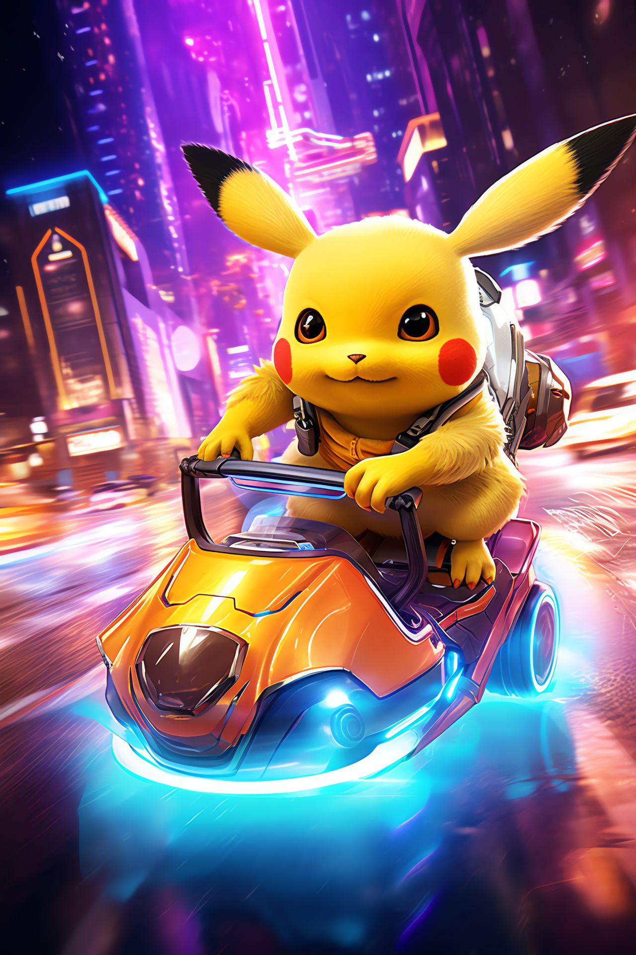 Adventurous Raichu, Pokmon trainer companion, magnetic levitation competition, cyberpunk skyline, luminous glow, HD Phone Wallpaper