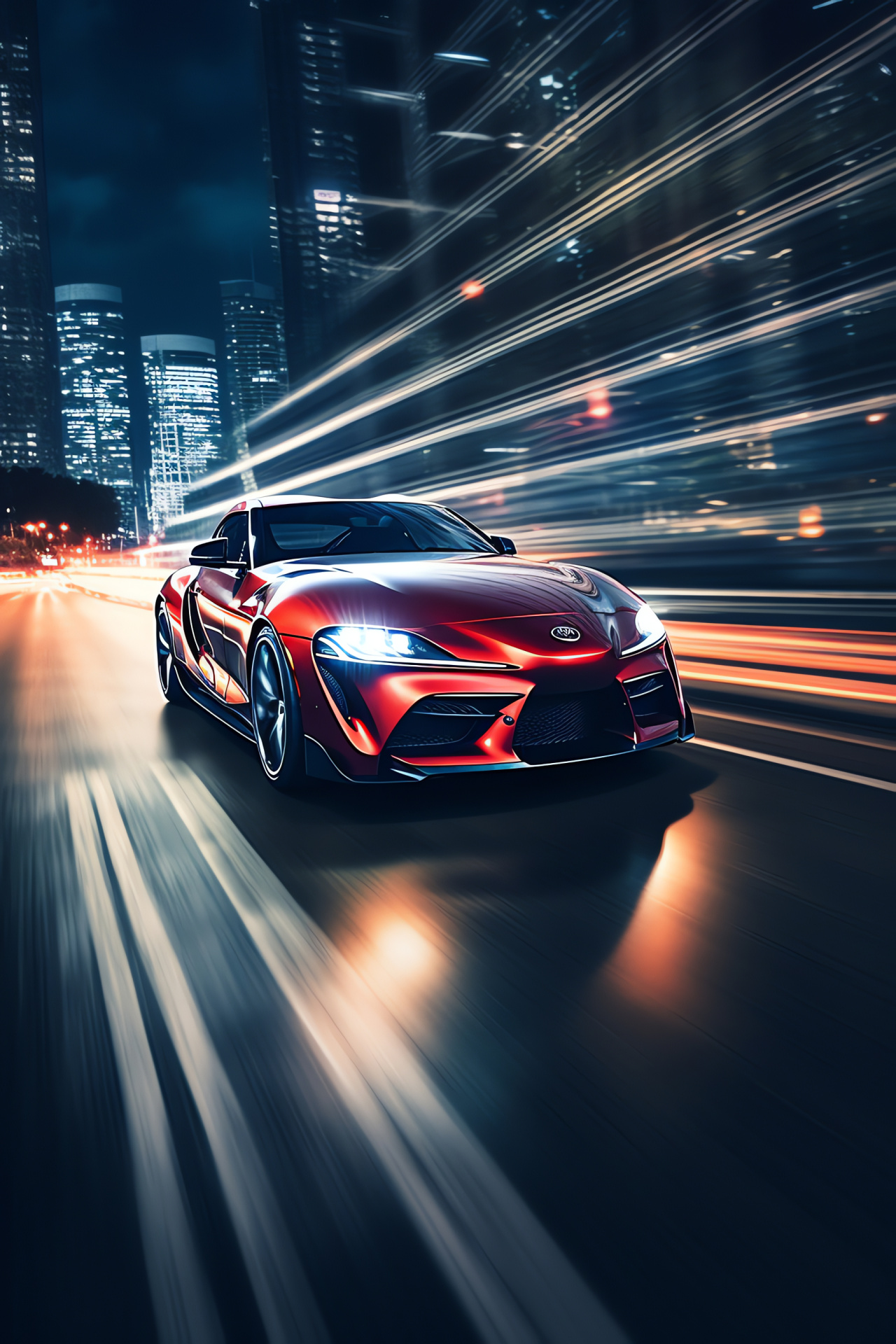 Toyota Supra, Urban skyline, Japanese sports car, Neon illumination, Cityscape backdrop, HD Phone Wallpaper