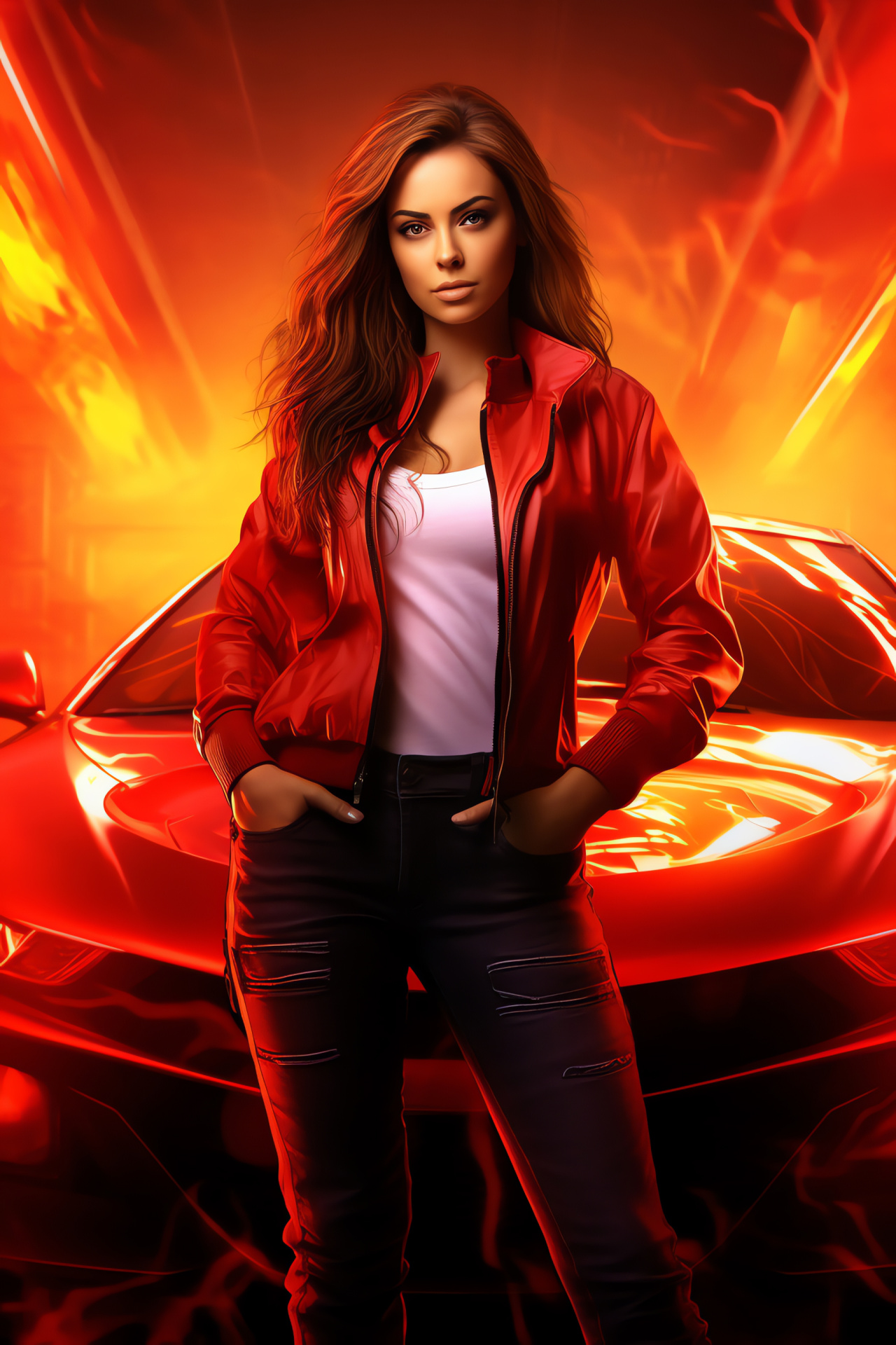 Mia Townsend character, crystal blue gaze, flame-colored tresses, commanding presence, steadfast trait, HD Phone Image