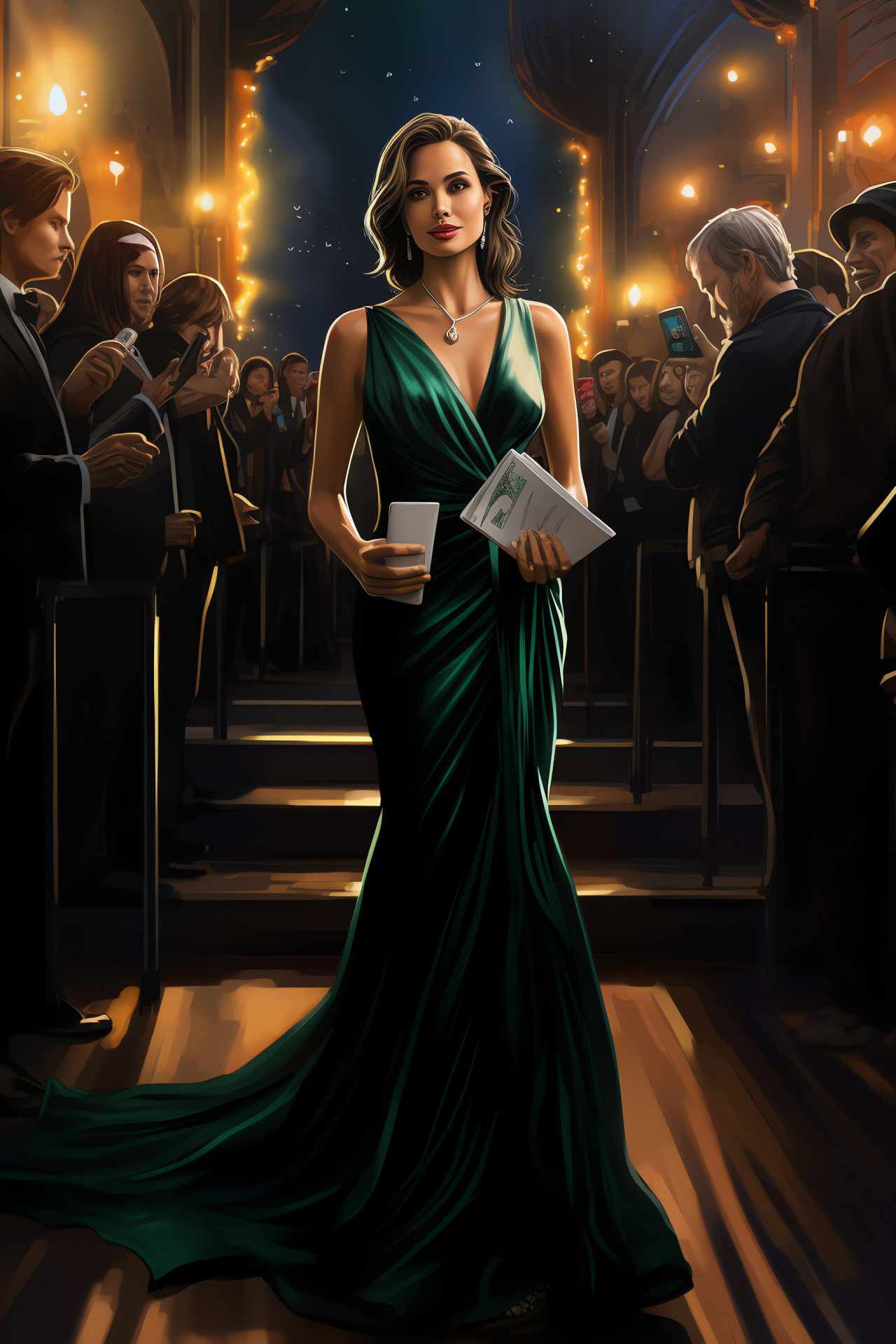 Angelina Jolie, Red carpet glamour, Floor-length dress, Deep green irises, Elegant clutch accessory, HD Phone Wallpaper