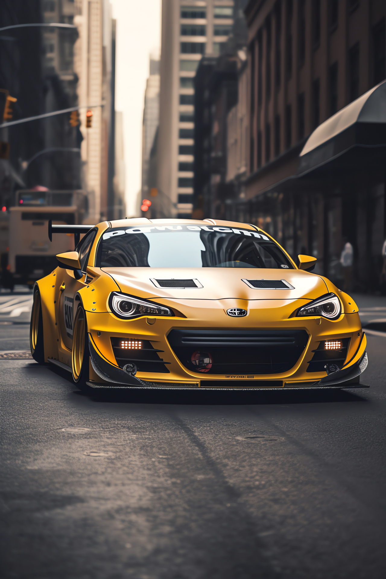 Subaru BRZ Rocket Bunny, Custom broad fenders, NY cityscape, Street performance, Expansive angle, HD Phone Image