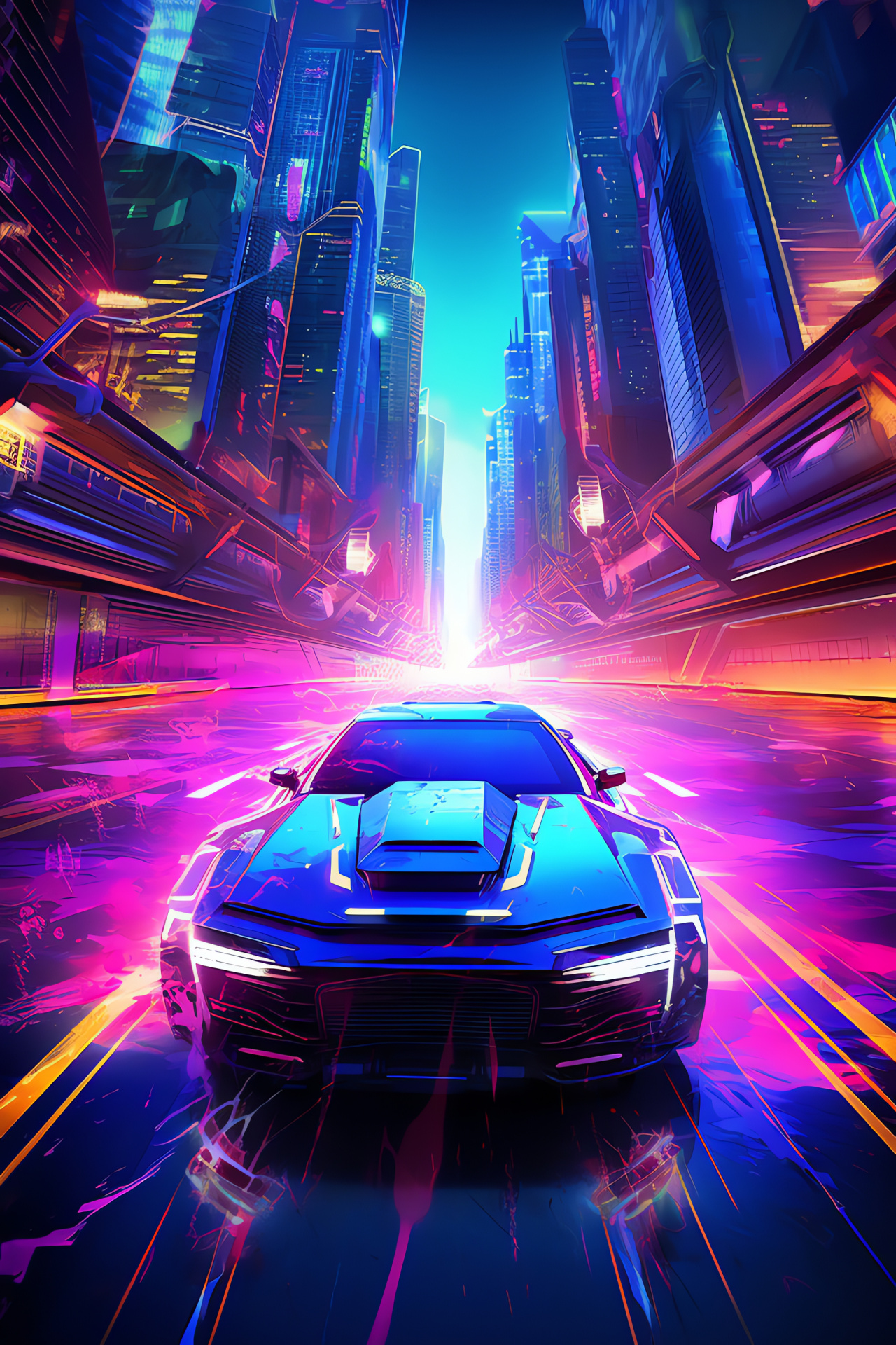 Futuristic neon automobile, urban environment, low angle skyline view, metropolitan night lights, HD Phone Image