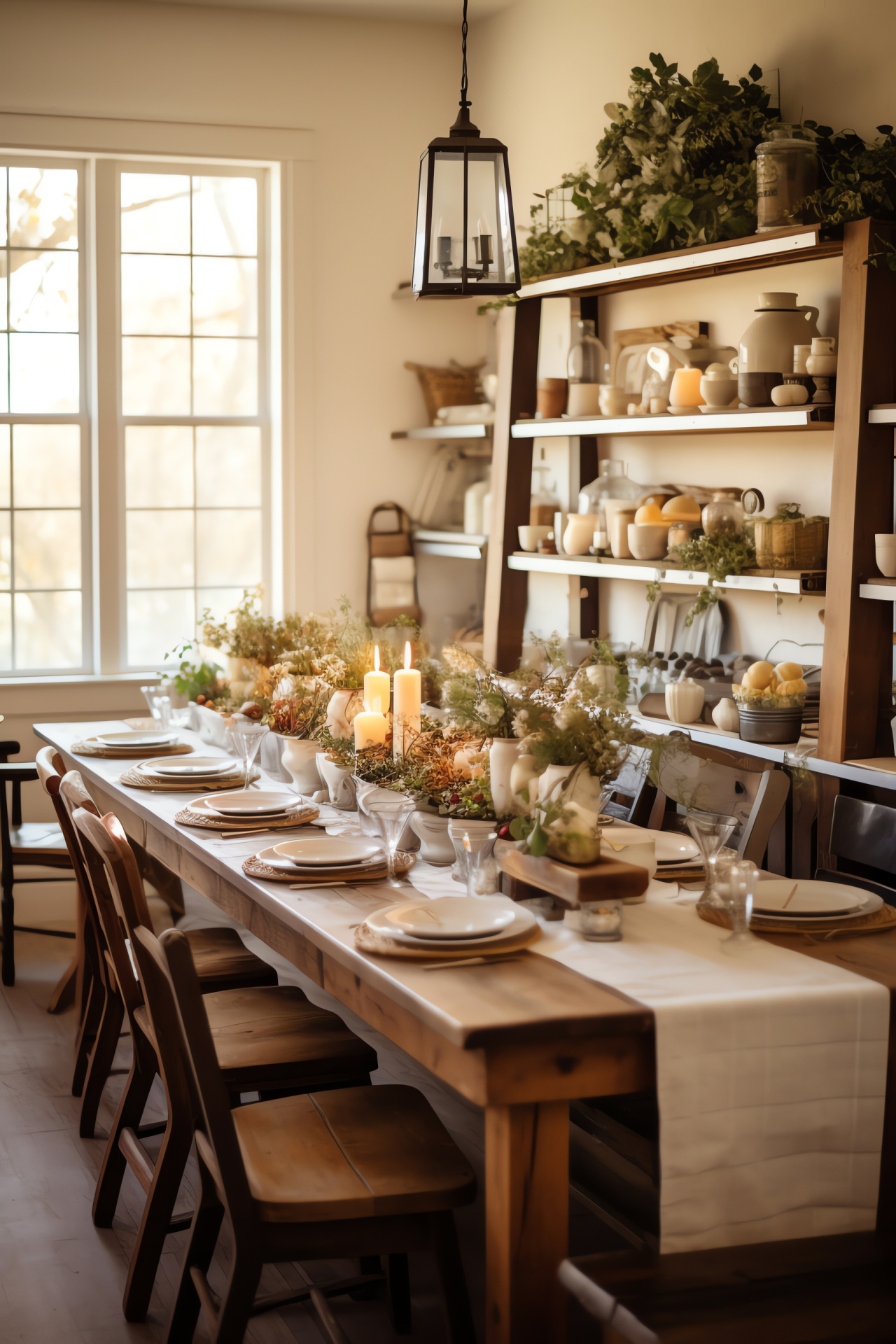Traditional Thanksgiving meal, Rustic farmhouse ambiance, Festive dining room, Vintage decorative elements, HD Phone Image