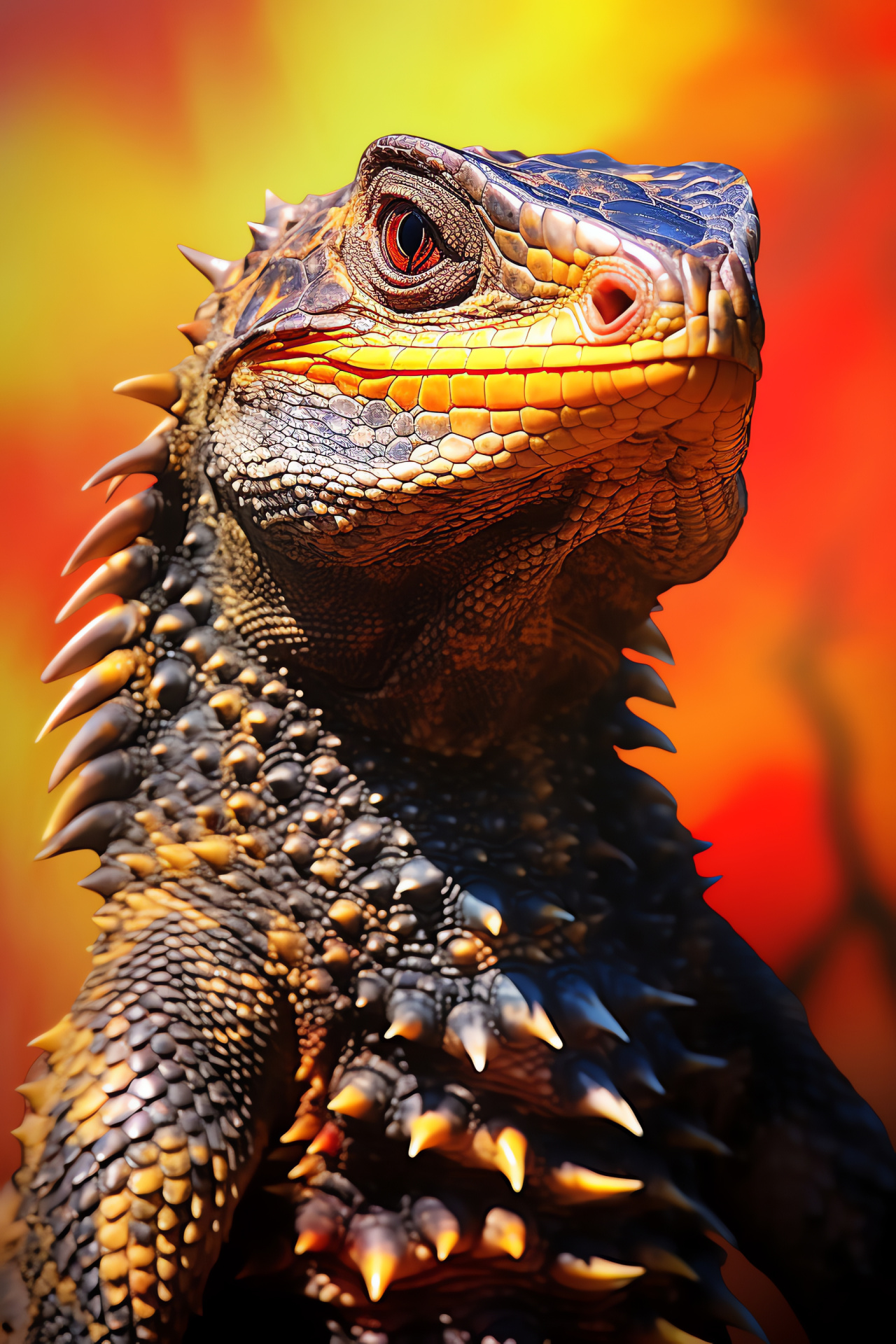 Australian goanna, outback reptile, gold gaze, wildlife close-up, sunlit scales, HD Phone Image