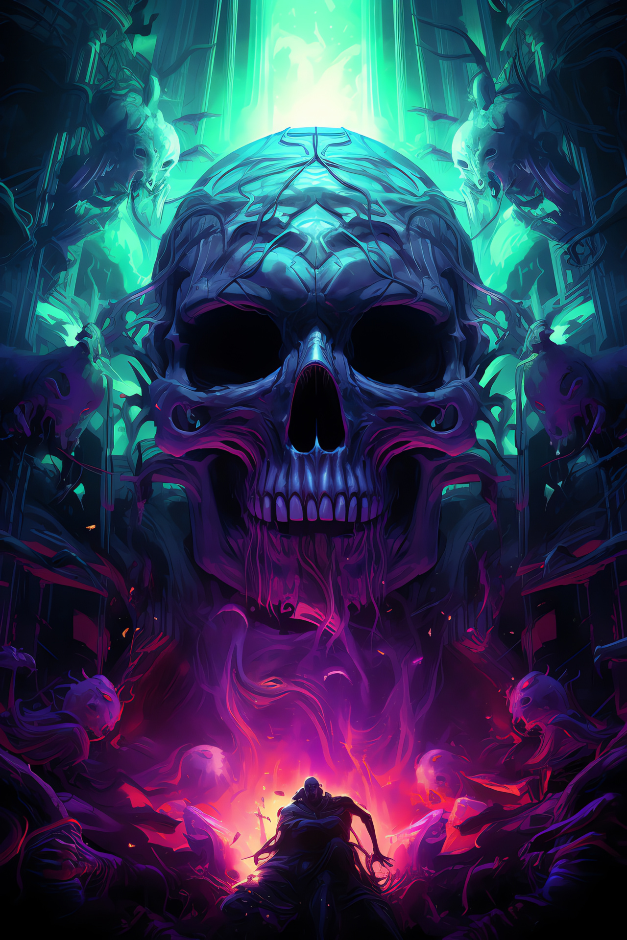 Pantheon Hades, Underworld ruler, Abyssal purple eyes, Mystic staff, Menacing skull, HD Phone Wallpaper