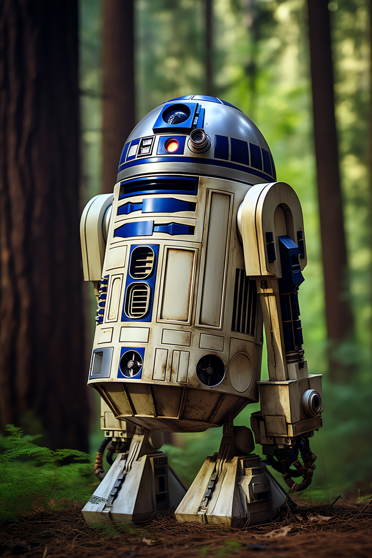 Robot companion R2-D2, Forested moon environment, Rebellion droid, Ewok allies, Galactic conflict, HD Phone Wallpaper