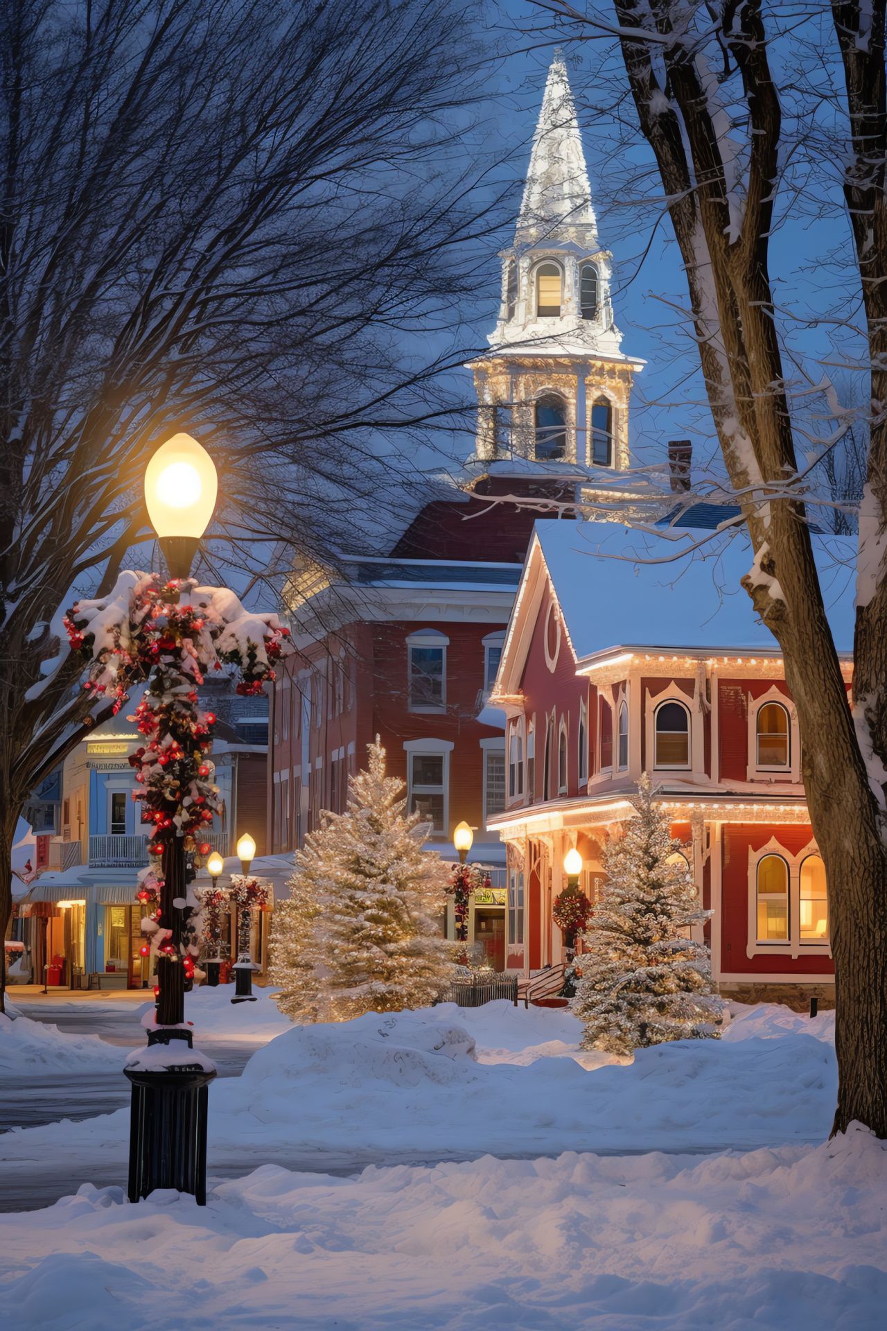 Classic town celebration, Northeast festive display, holiday fir adornment, family gatherings, nostalgic scene, HD Phone Image