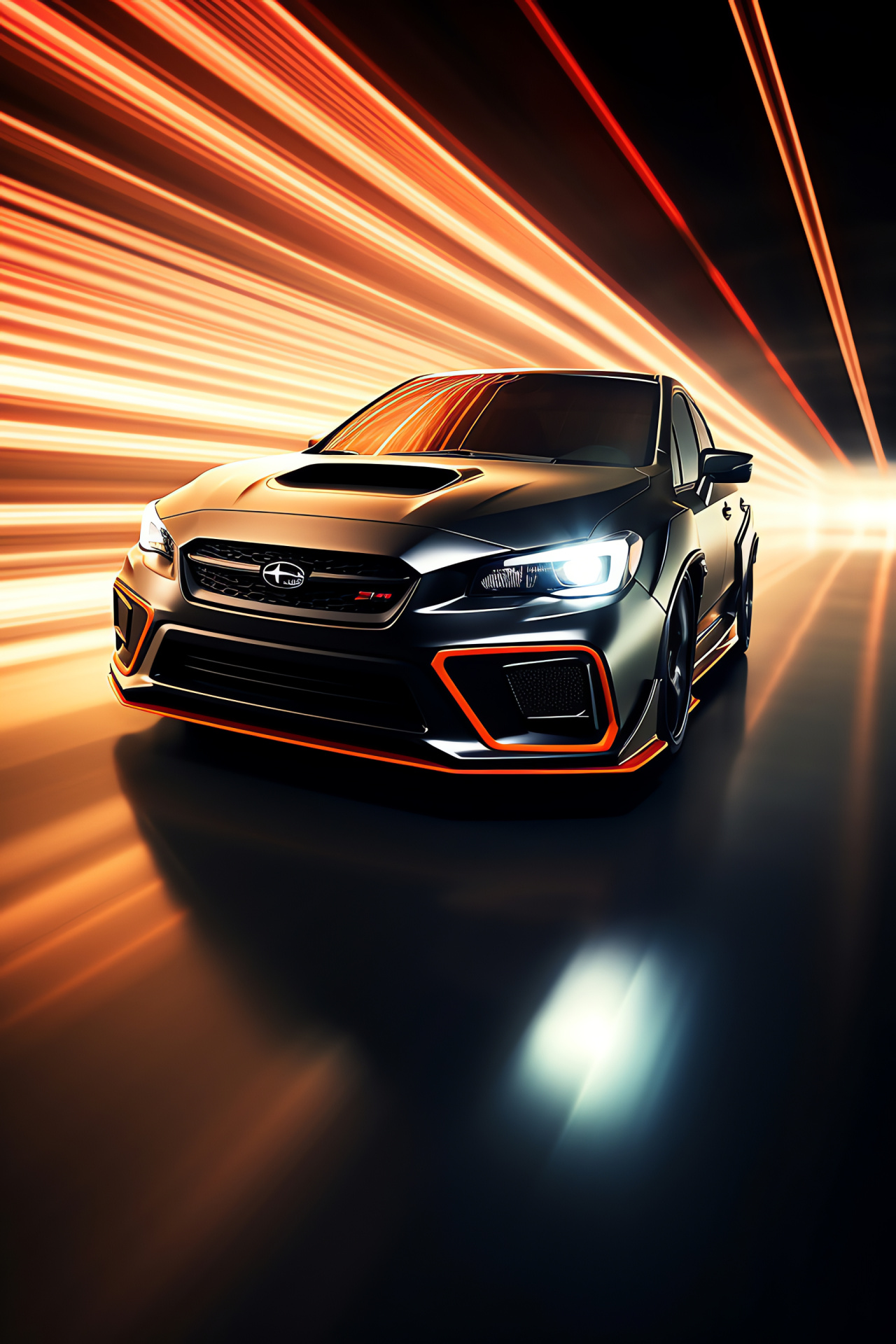 Subaru WRX STI sports sedan, high elevation view, glowing linear backdrop, orange and black contrast, HD Phone Wallpaper