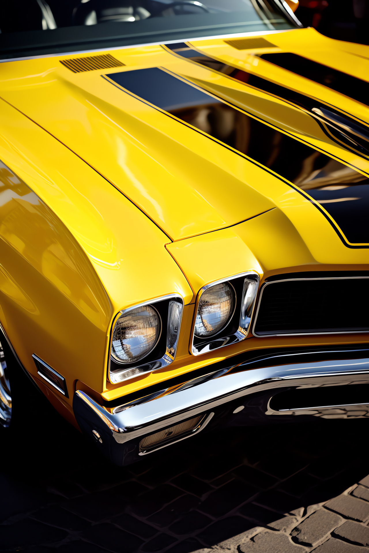 Buick GSX Stage 1, Sunshine on yellow, Classic car exhibition, Hood scoop detail, Grille close-up, HD Phone Wallpaper