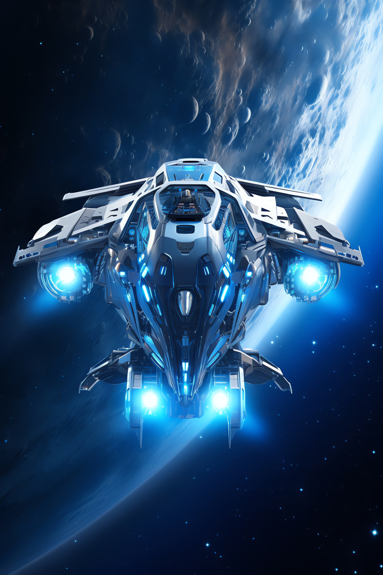 Futuristic spacecraft, Celestial travel, Space engineering marvel, Interstellar trek, Starry backdrop, HD Phone Wallpaper