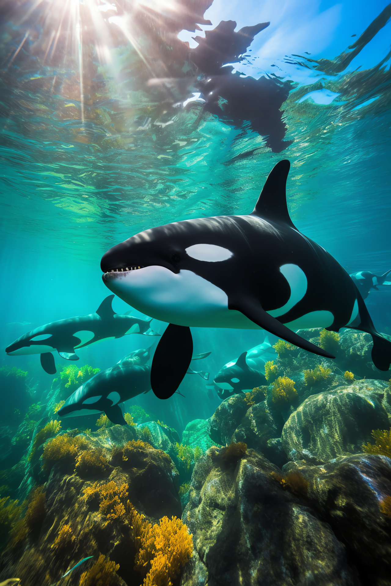 Pod of orcas, Marine mammal display, Aquatic fauna, Tropical lagoon ecosystem, Coral reef life, HD Phone Wallpaper