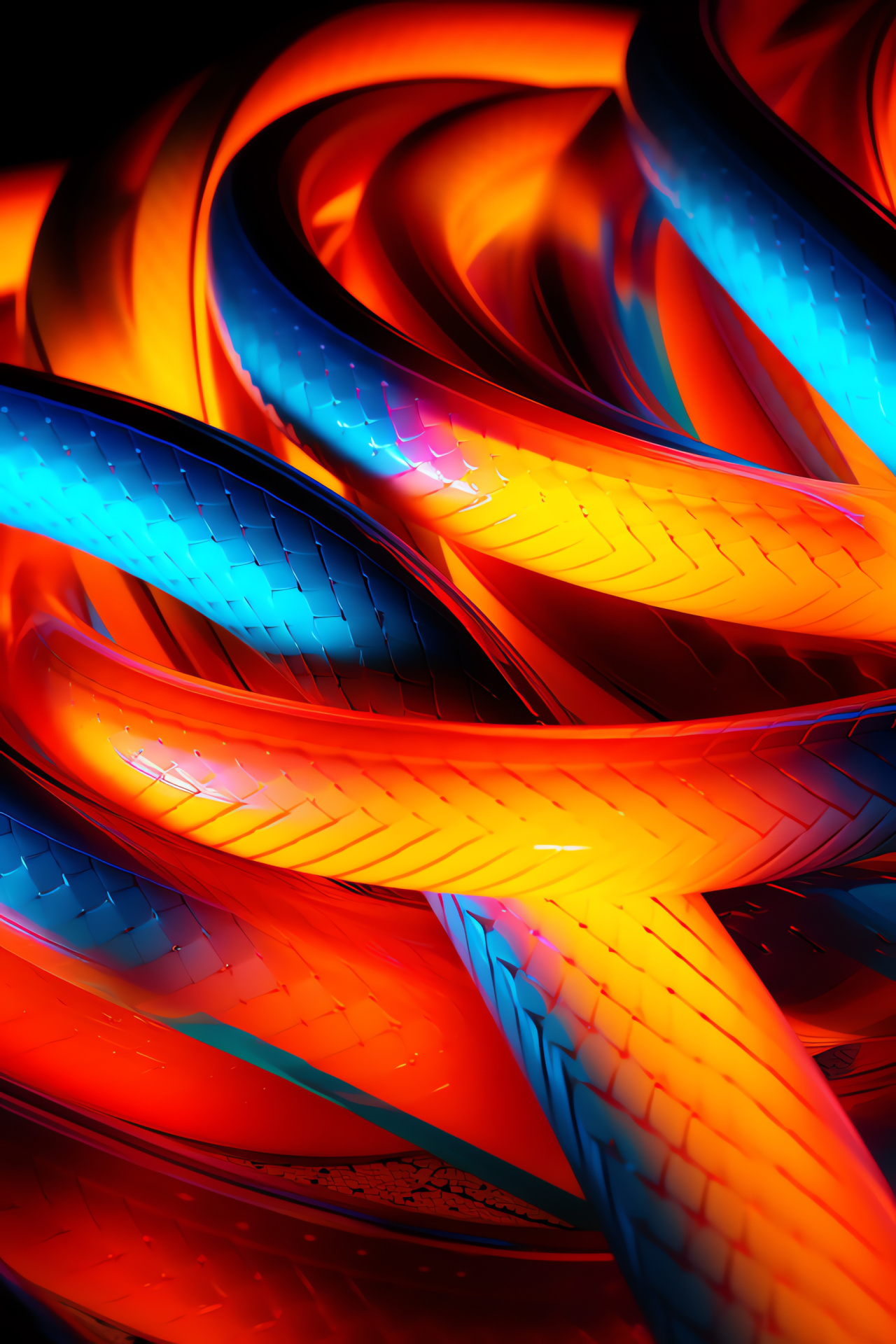 Coiling Neon Snake, Fiery orange-yellow scales, Creature curvature, Dual-tone background, Vivid spectrum, HD Phone Wallpaper