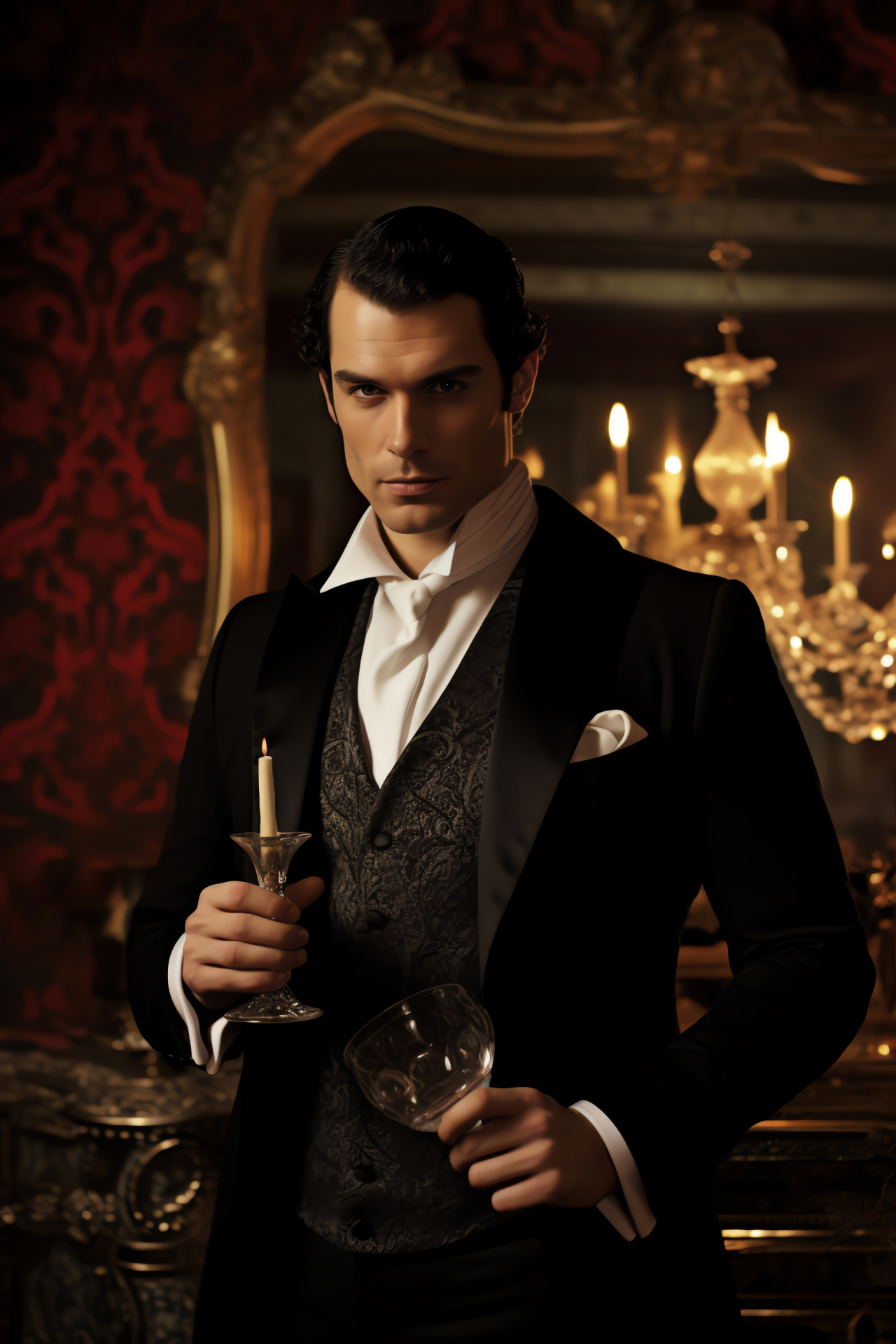 Actor Henry Cavill plays Sherlock, focused appearance, aristocratic drawing room, elegant attire, investigative mood, HD Phone Image