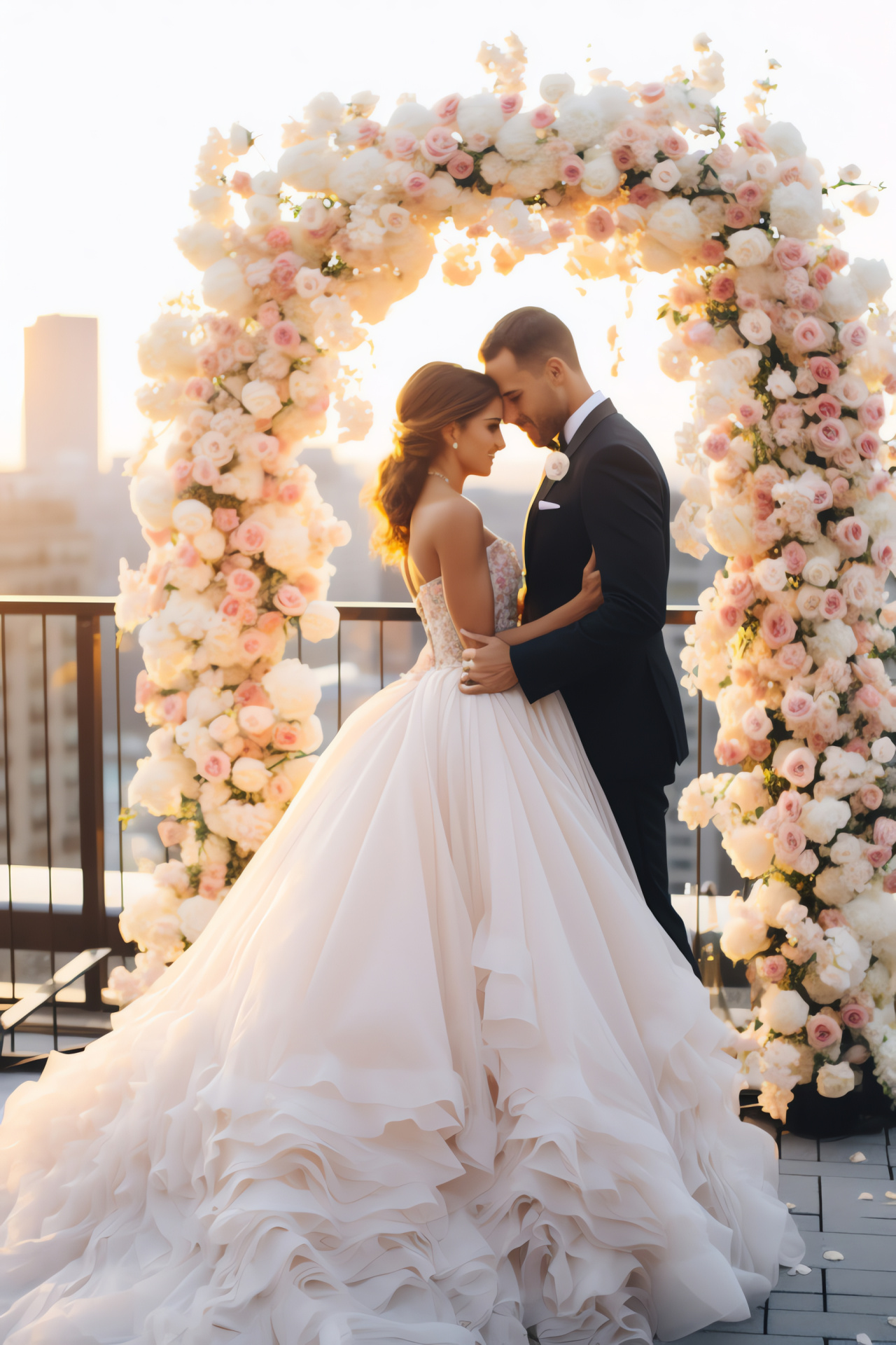 Rooftop wedding setting, urban nuptials, cityscape backdrop, bridal couple, floral wedding, HD Phone Wallpaper