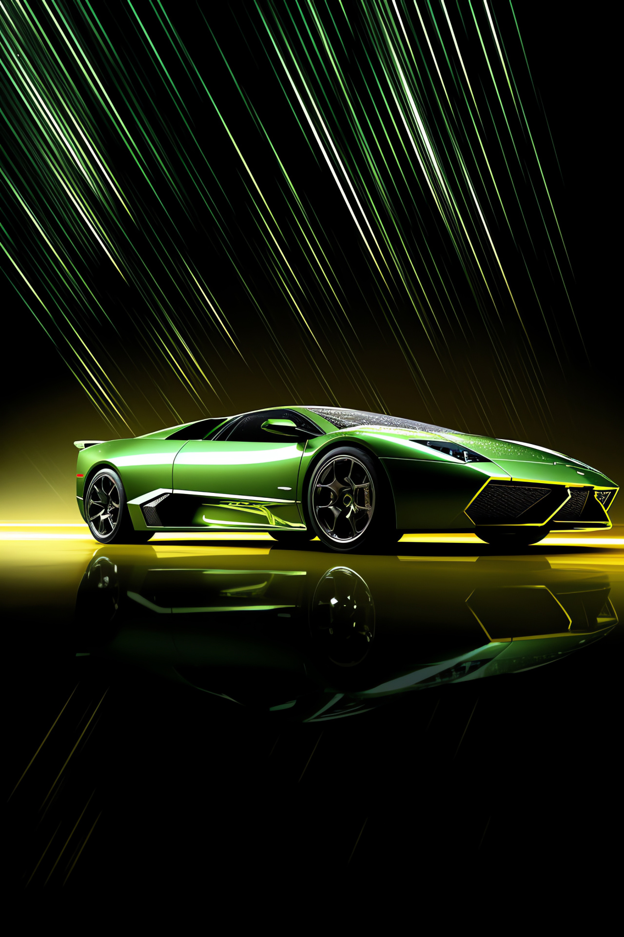 Murcielago side view, neon swirl art, vibrant green supercar, striking aesthetic, high-performance automobile, HD Phone Wallpaper