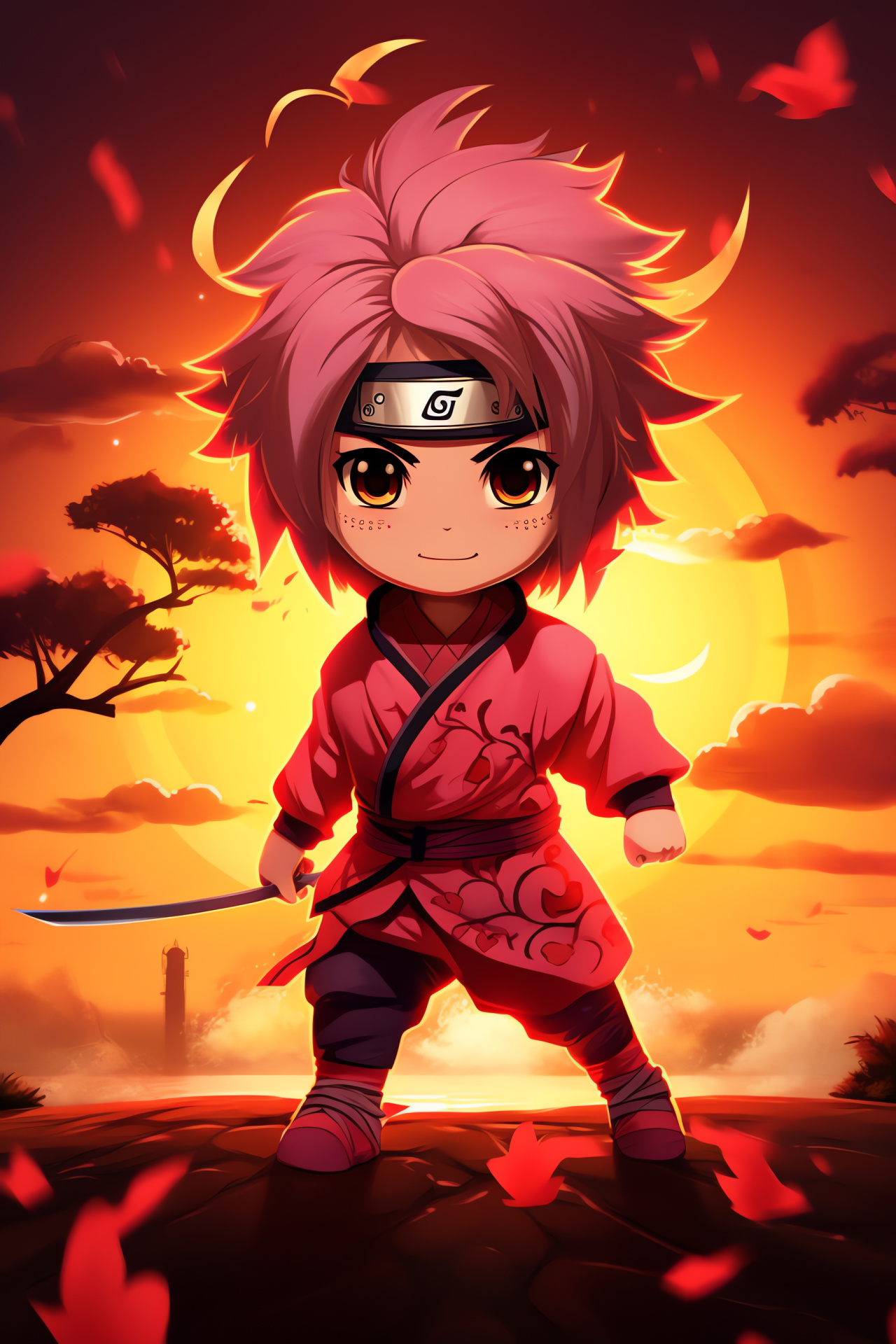 Determined Sakura, Chibi depiction, Forward momentum, Dusk setting, Anime determination, HD Phone Image