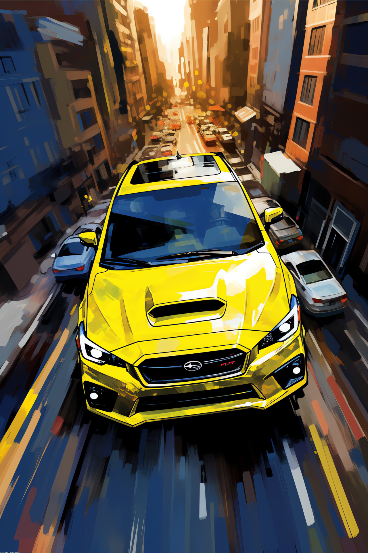 Subaru Impreza, WRX STI model, city skyline, metropolitan backdrop, dynamic hatchback, HD Phone Wallpaper