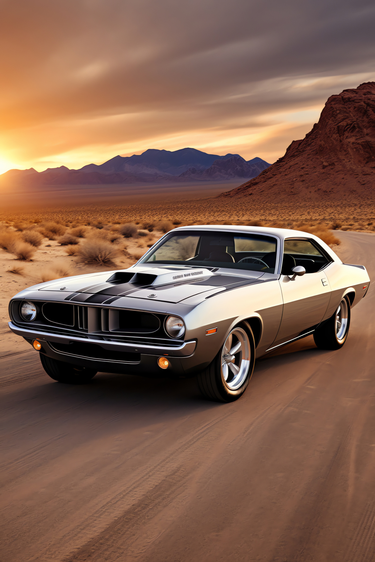 Plymouth Barracuda Fastback, Vintage performance car, Desert highway driving, Silver automotive, Arid landscape, HD Phone Image