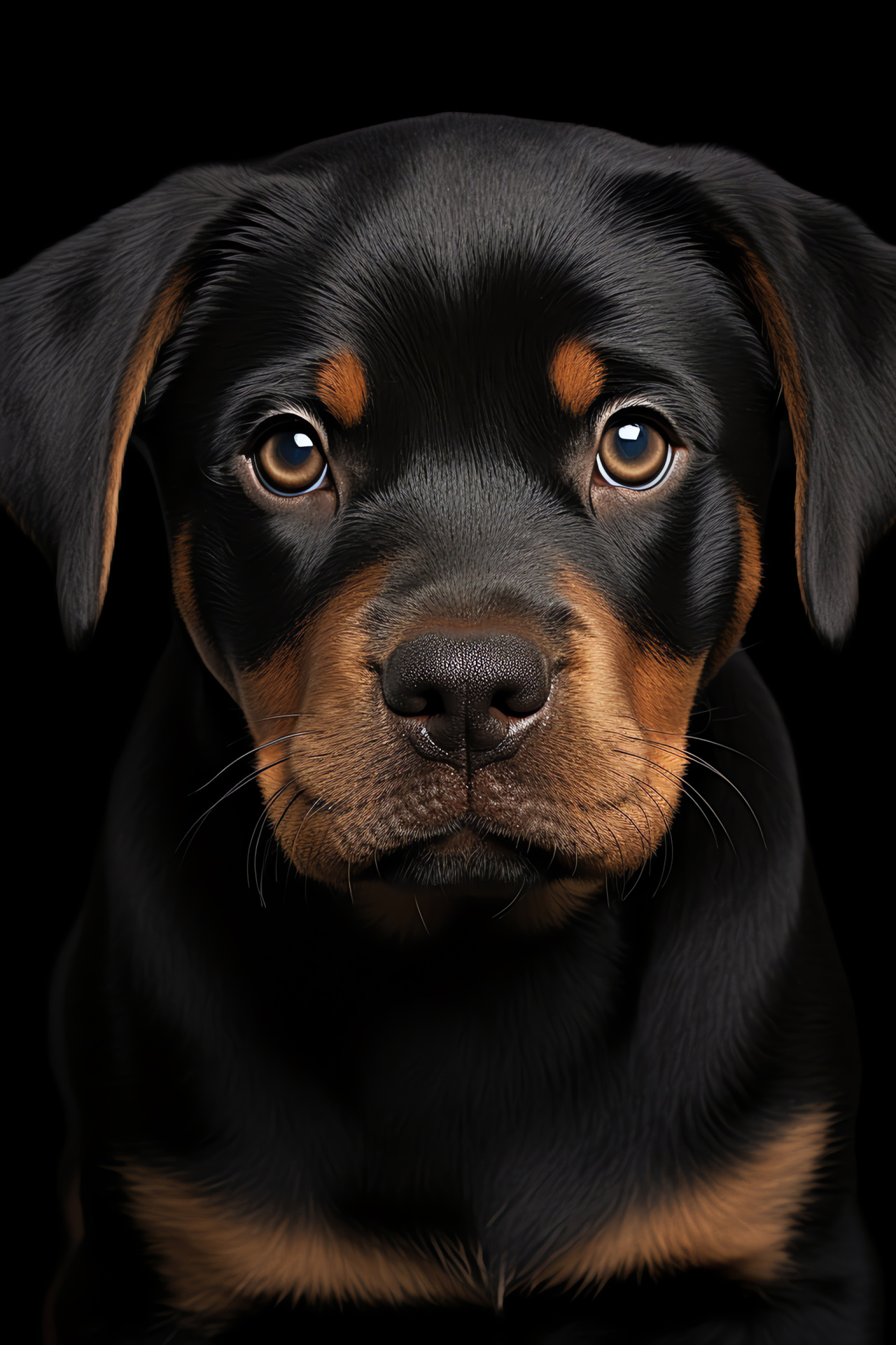 Rottweiler puppies, canine brown eyes, sleek canine fur, close-up puppy features, pure black backdrop, HD Phone Image