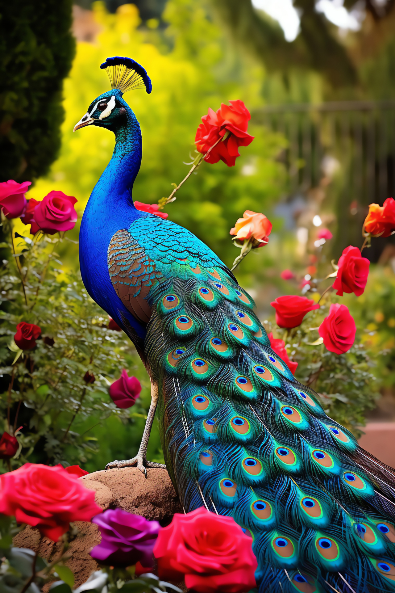 Majestic bird displays, Ornate feather plumage, English garden scenes, Floral growth, Romance-inspired nature, HD Phone Wallpaper