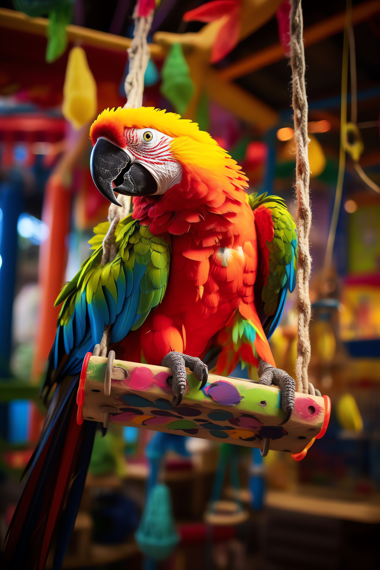 Amazonian parrot, vibrant birds, neon feathers, swinging perches, playful avian, HD Phone Image