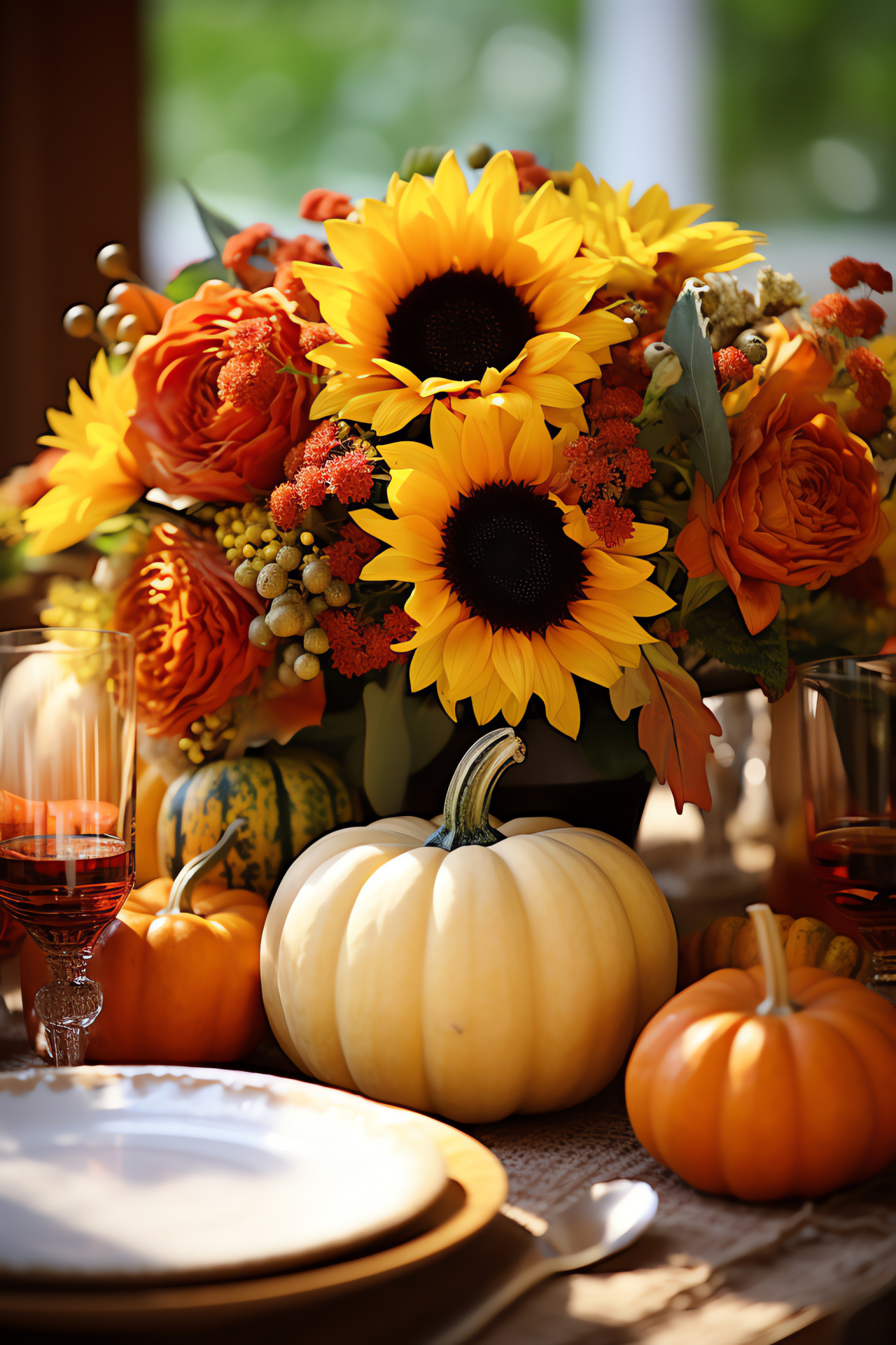 Autumnal feast setting, Harvest table decor, Floral and gourd centerpiece, Warm harvest hues, Bountiful dinner, HD Phone Image