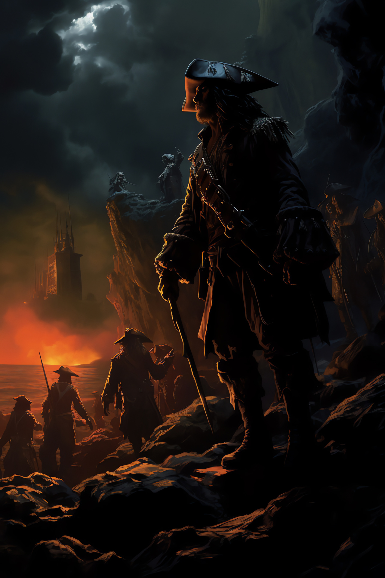 Captain Barbossa, Caribbean adventures, Ghostly adversary, Nocturnal illumination, Maritime fantasy, HD Phone Wallpaper