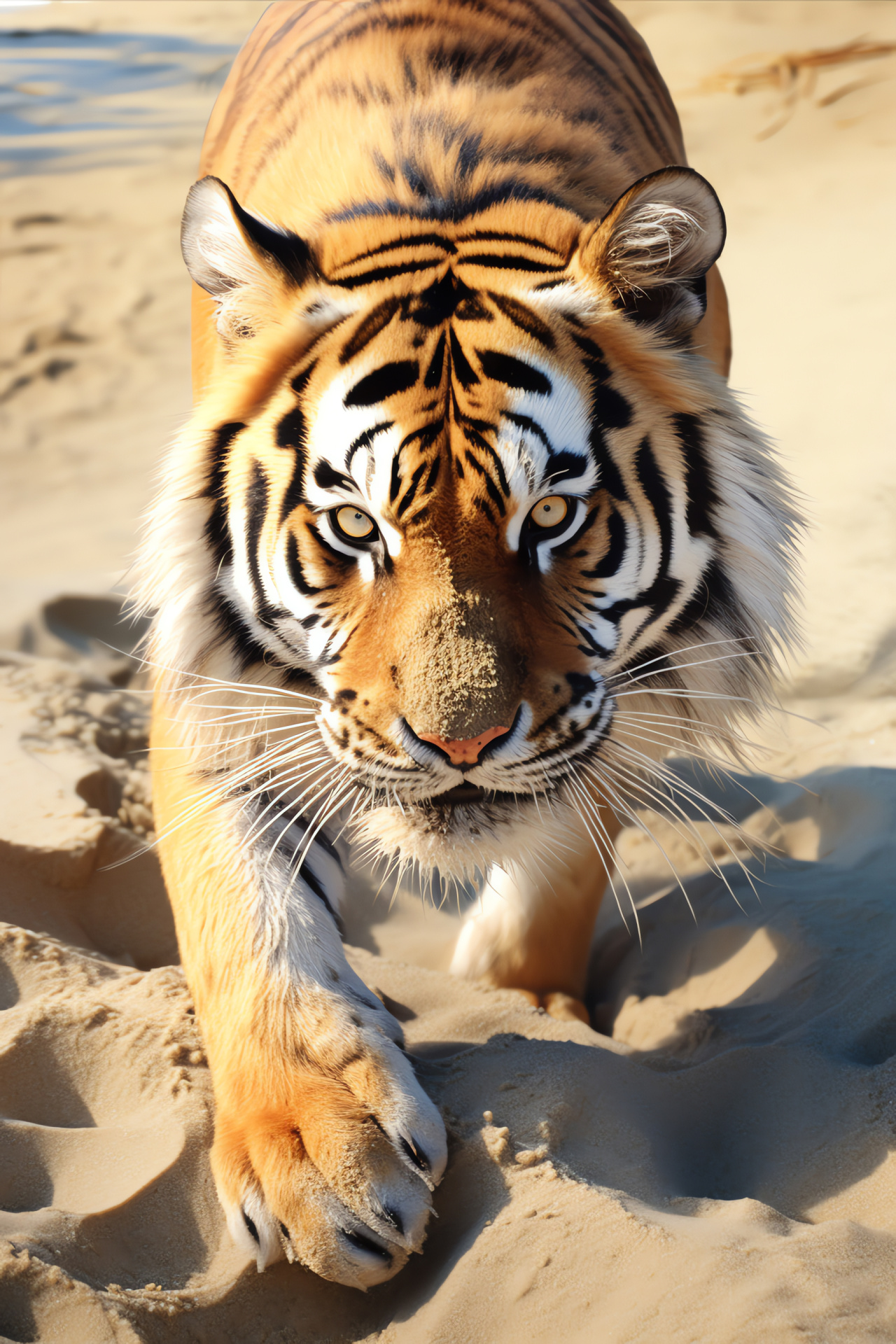 Tiger paw impression, large cat species, sandy beach texture, wildcat coat pattern, jungle feline, HD Phone Image