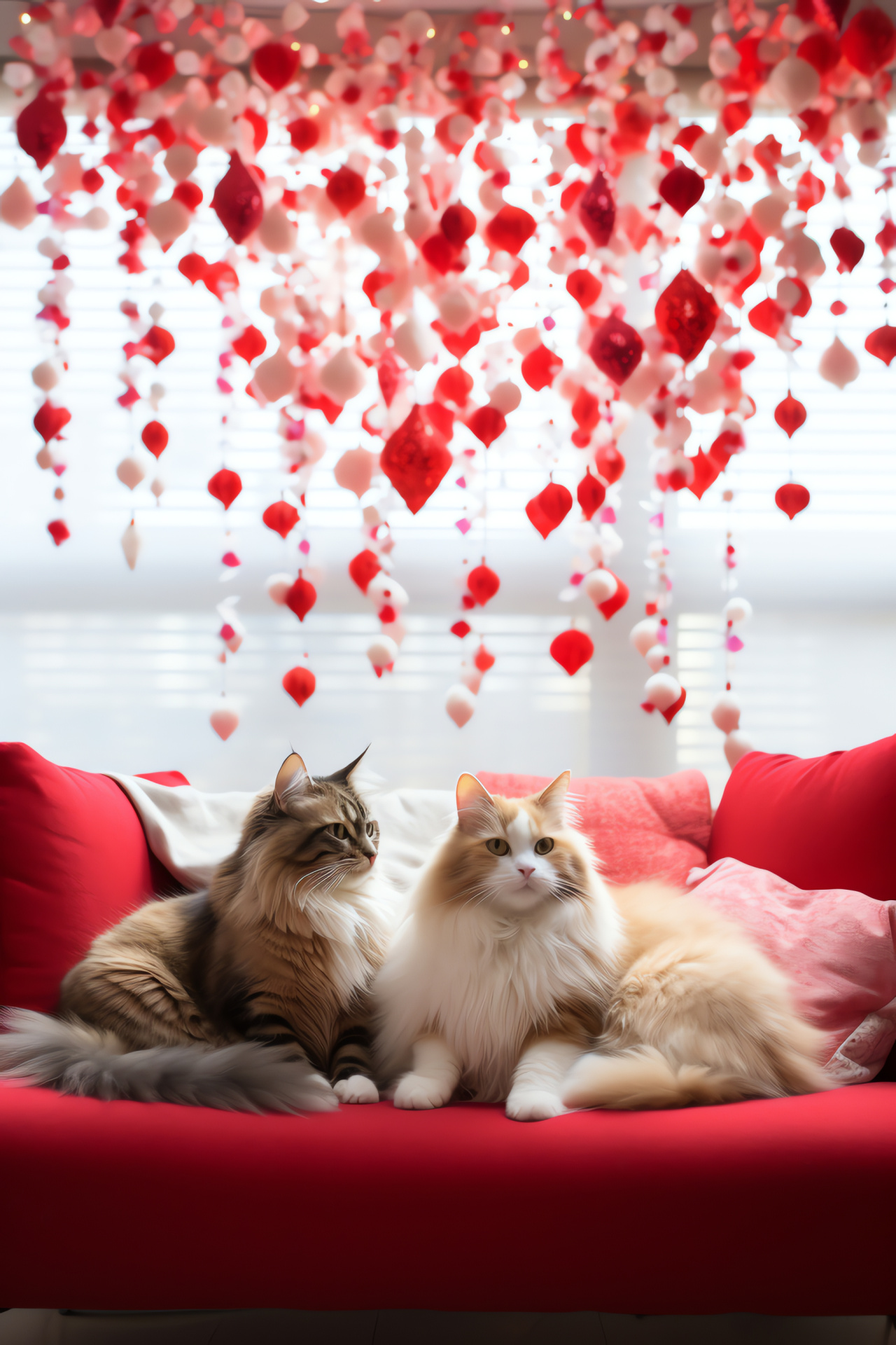 Residential cat adornments, Domestic animal pairs, Household celebration, Symbolic festoons, Crimson window treatments, HD Phone Image