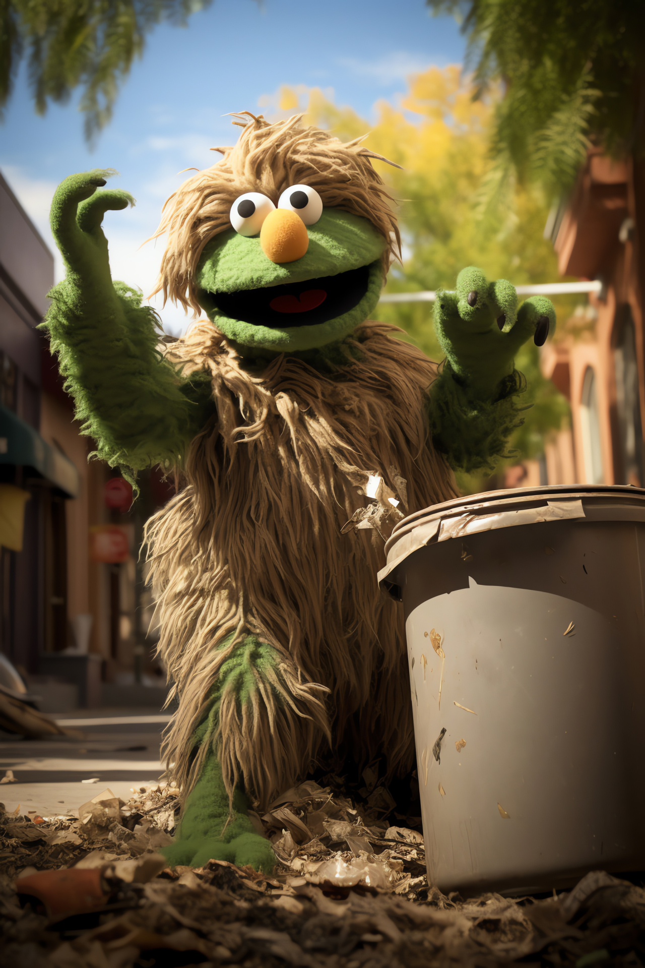 Muppet in garbage, Oscar's residence, Scattered food waste, Colorful refuse, Fictional character set, HD Phone Image