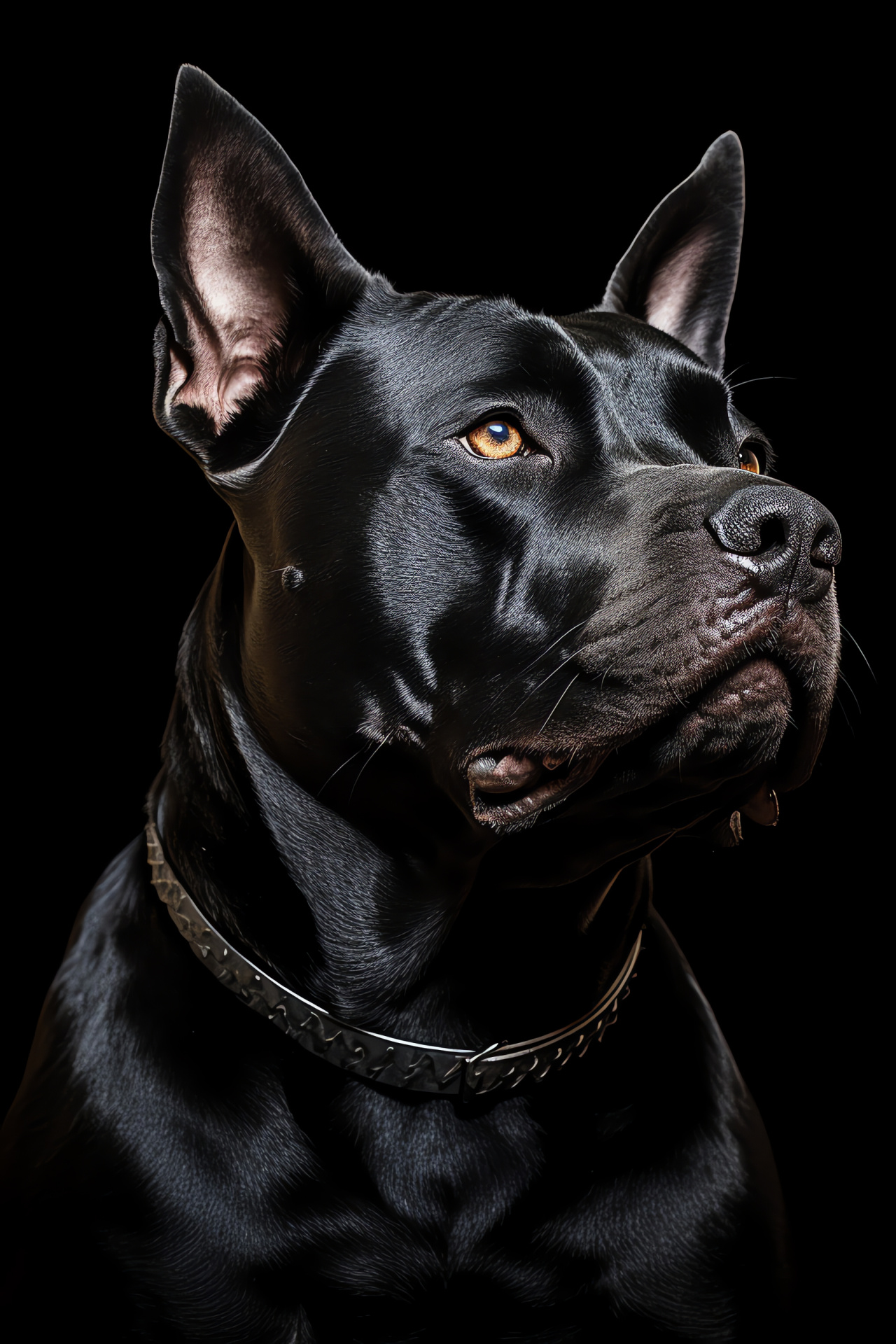 Intense Pitbull dog, Canine features, Black sheen, Blue gaze, Abstract backdrop, HD Phone Wallpaper
