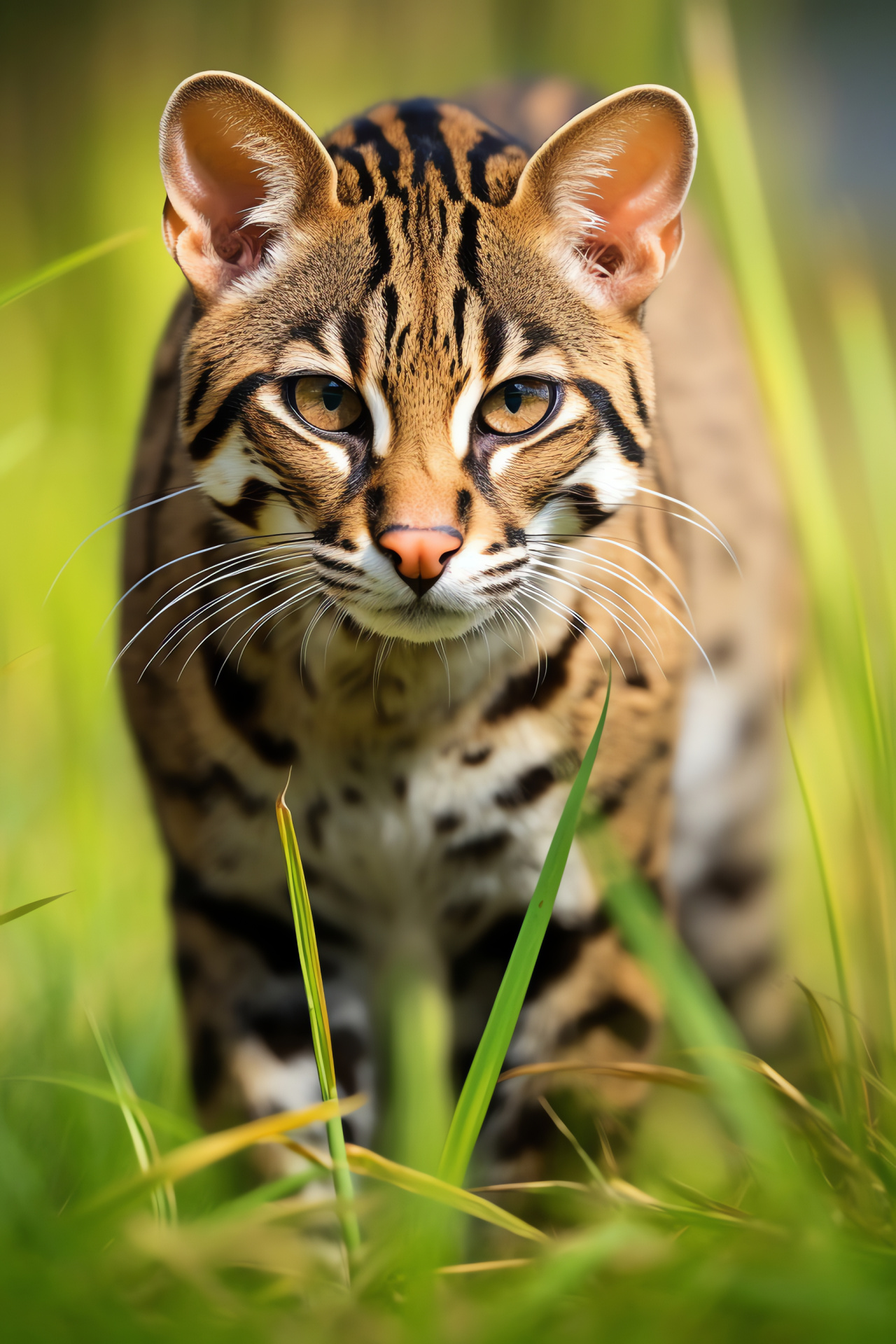 Peaceful ocelot, casual repose, meadow sanctuary, intricate coat detailing, wildlife serenity, HD Phone Image