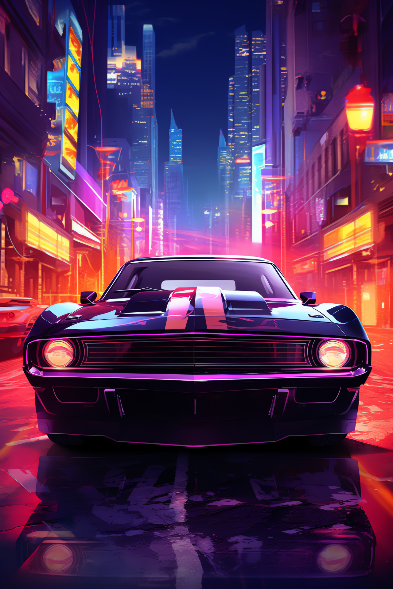 Vintage muscle car, Retro neon urban landscape, Futuristic vehicle design, Classic automotive style, Sci-Fi city atmosphere, HD Phone Wallpaper